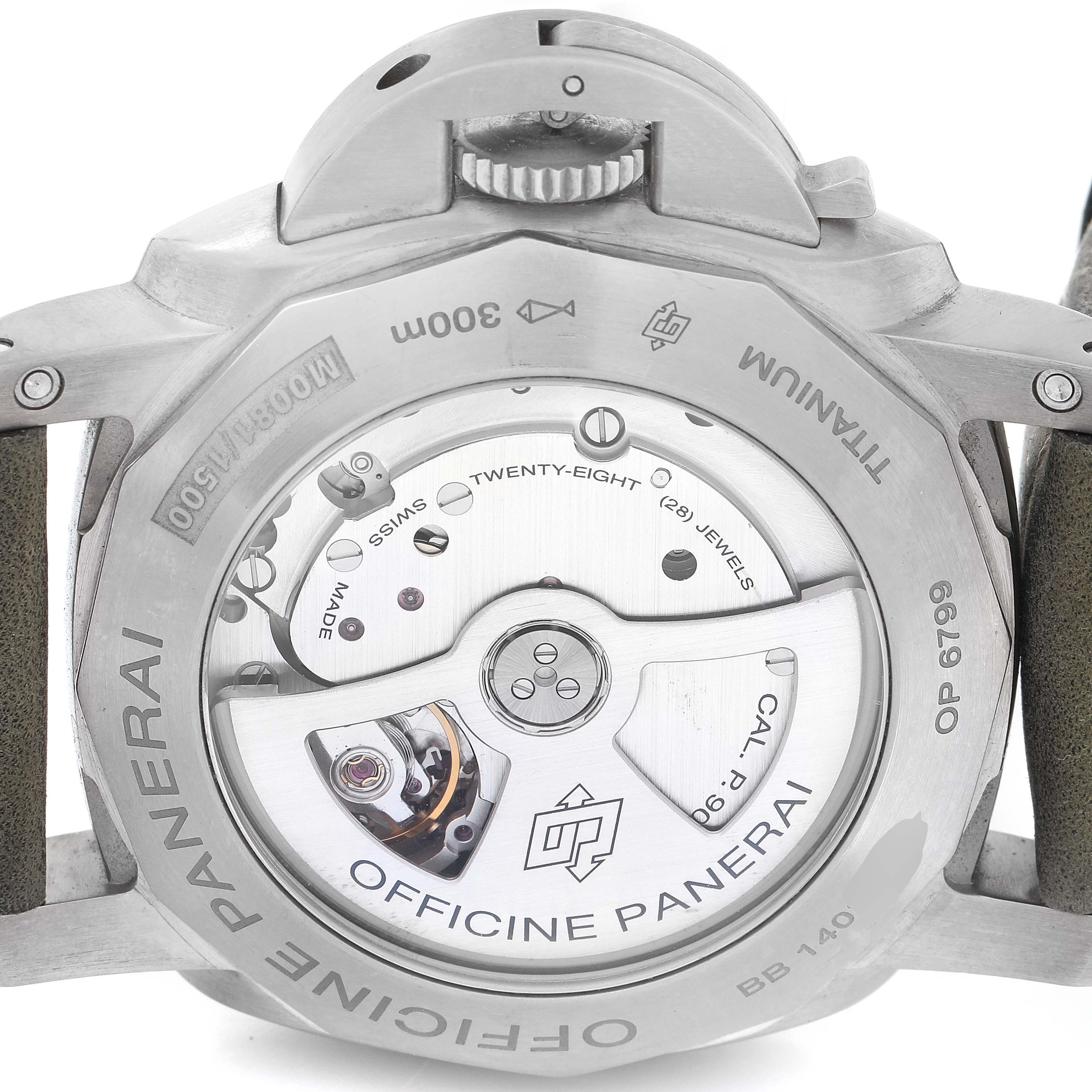 The image shows the backside of a Panerai Luminor PAM00351 Men
s Stainless Steel Black Dial PAM00351 Men
s Stainless Steel Black Dial watch, featuring the exposed movement and titanium case components.