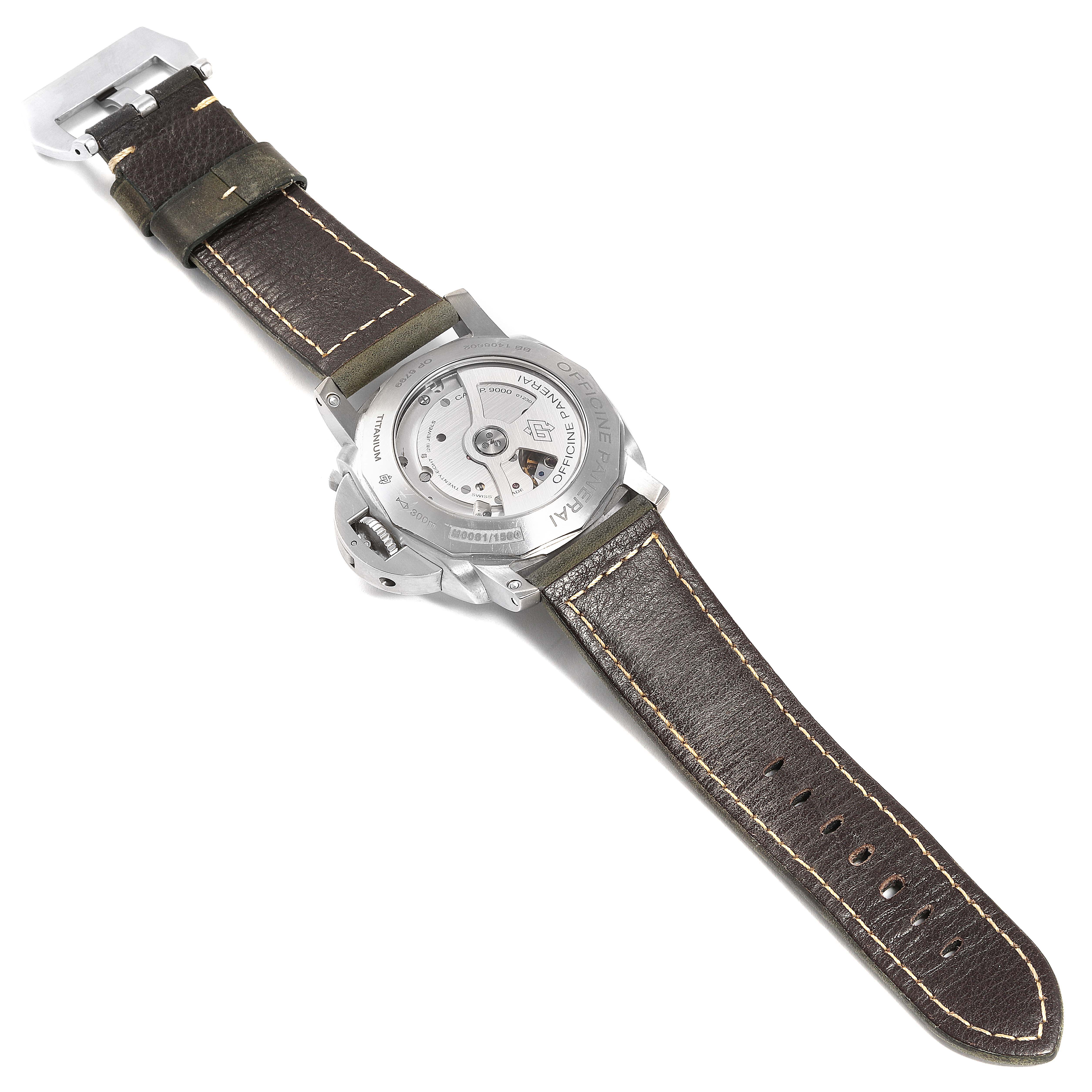 The image shows the back view of a Panerai Luminor PAM00351 Men
s Stainless Steel Black Dial PAM00351 Men
s Stainless Steel Black Dial watch, highlighting the movement and leather strap.