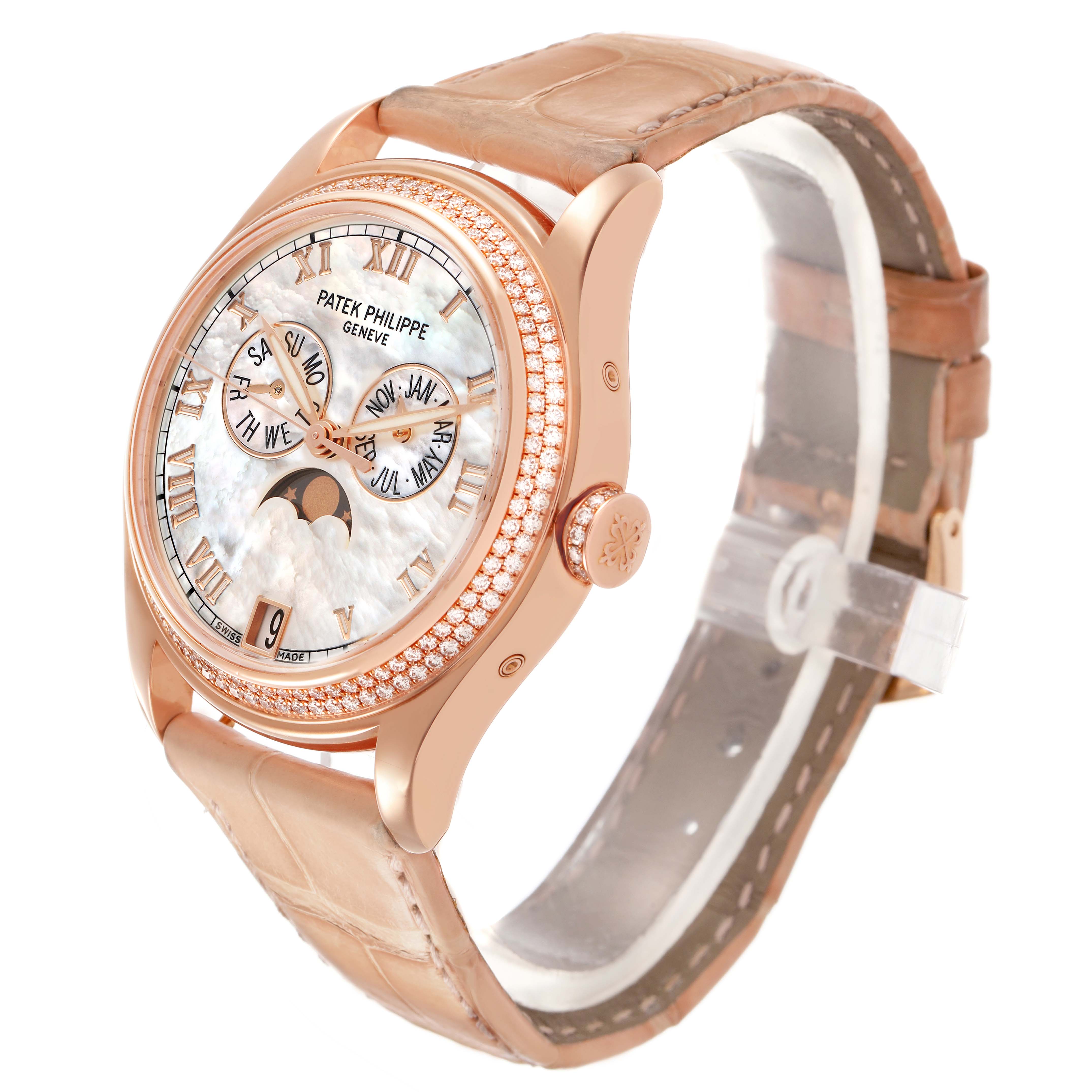 The Patek Philippe Complications 4936R-001 Men's Rose Gold Mother of Pearl Dial watch is shown at a side angle, highlighting the face, case, crown, and leather strap.