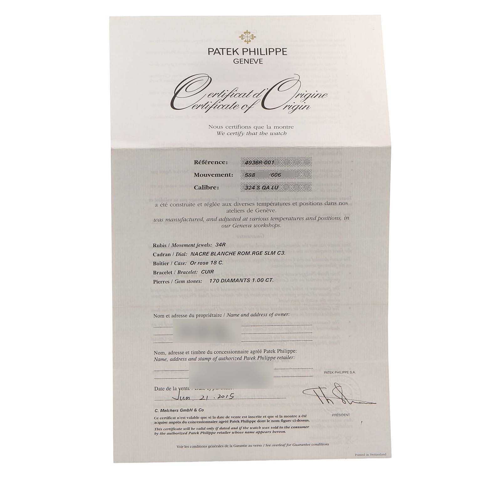 The image shows the "Certificate of Origin" for a Patek Philippe Complications 4936R-001 Men's Rose Gold Mother of Pearl Dial watch, detailing reference, movement, and materials used.