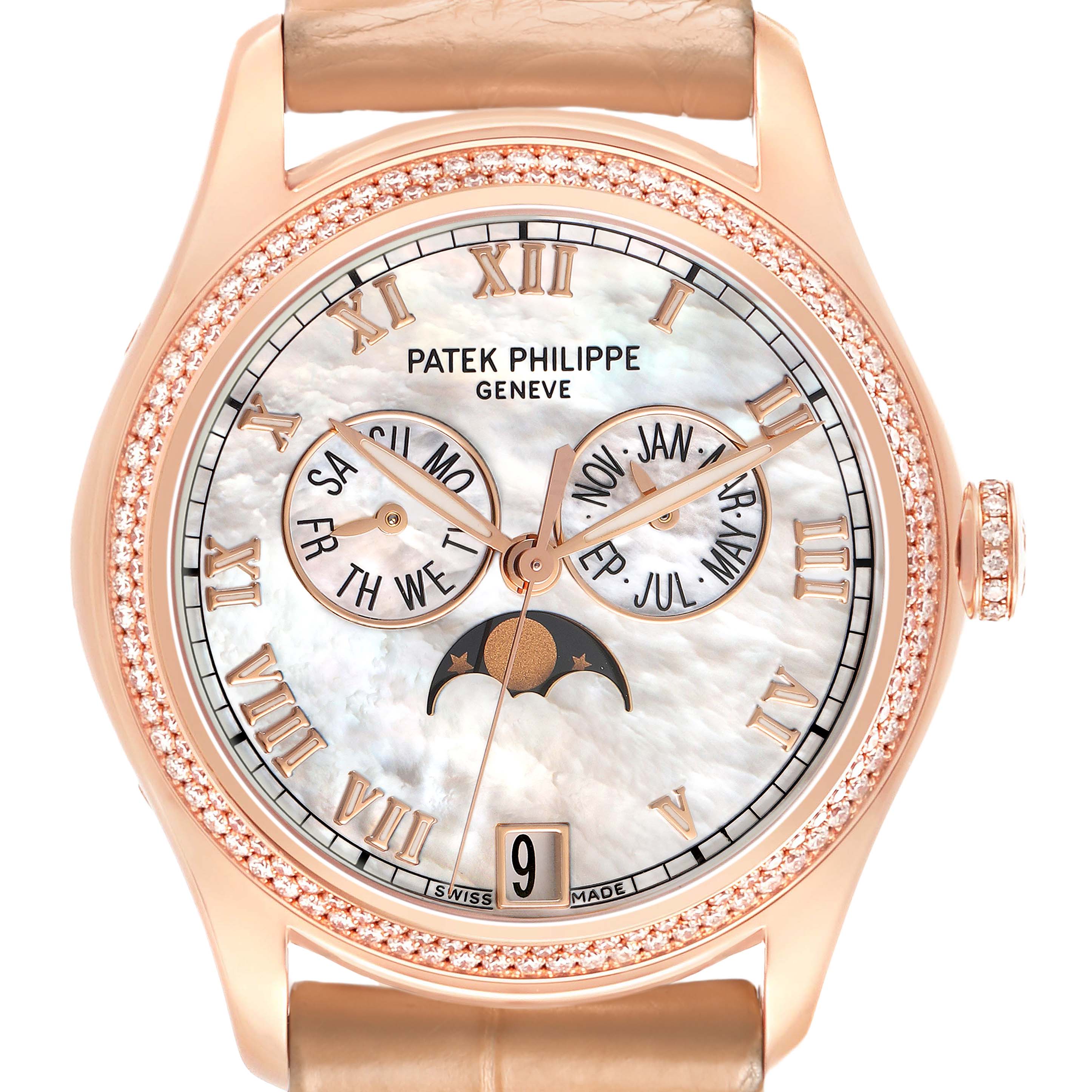 The Patek Philippe Complications 4936R-001 Men's Rose Gold Mother of Pearl Dial watch is shown from a front angle, highlighting its detailed dial and moon phase feature.
