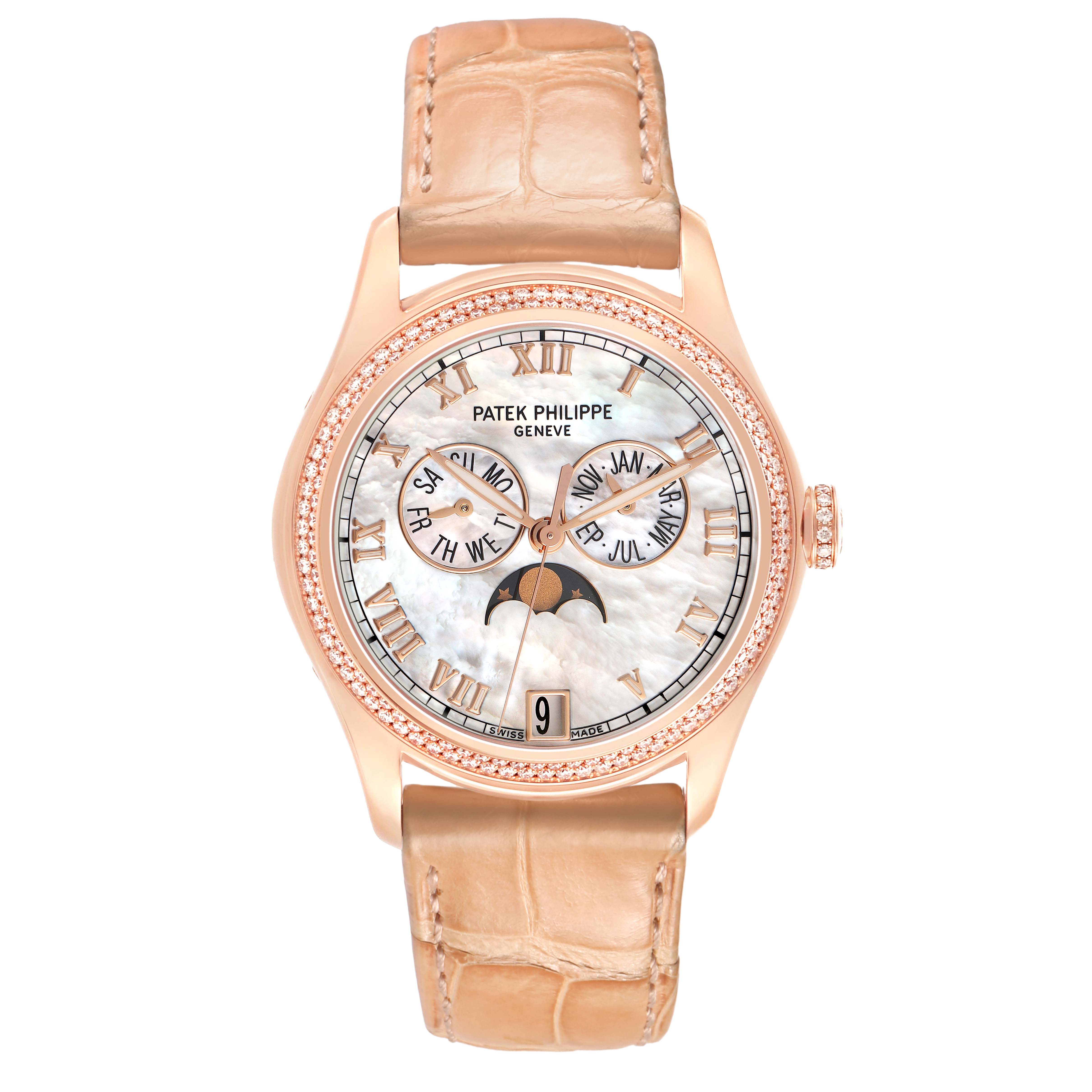 The Patek Philippe Complications 4936R-001 Men's Rose Gold Mother of Pearl Dial model is shown from a front angle, highlighting the dial, case, and strap.