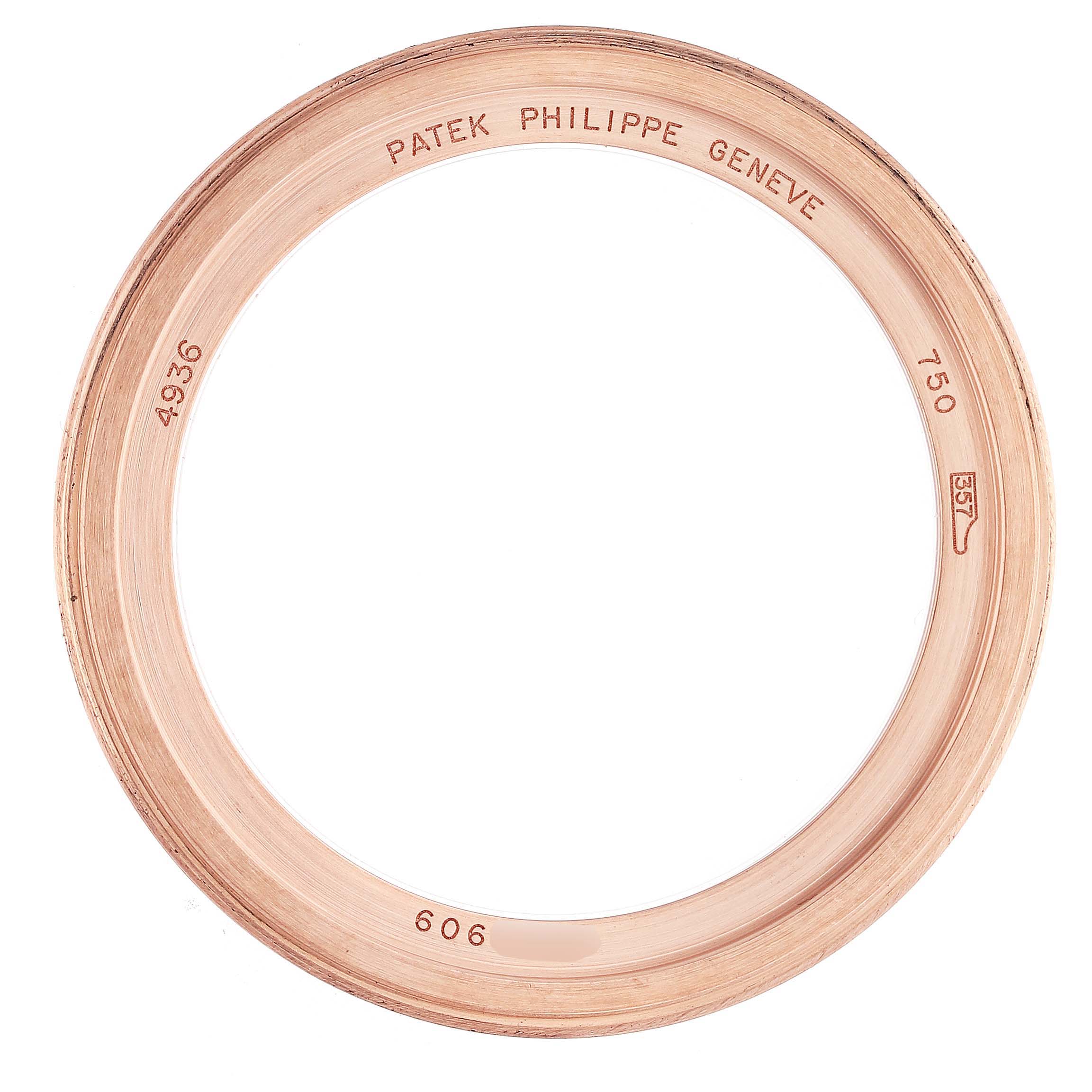 The image shows the bezel of a Patek Philippe Complications 4936R-001 Men's Rose Gold Mother of Pearl Dial model from a top-down angle.