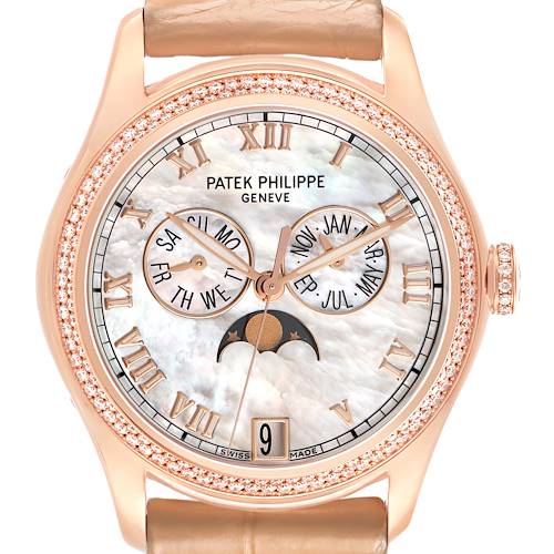 The Patek Philippe Complications 4936R-001 Men's Rose Gold Mother of Pearl Dial watch is shown from the front, displaying its dial, sub-dials, and moon phase.
