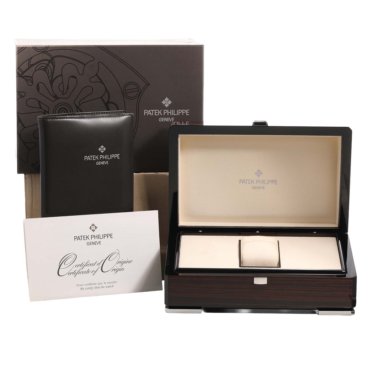The image shows the packaging and accessories for a Patek Philippe Complications 4936R-001 Men's Rose Gold Mother of Pearl Dial model, including the box, document holder, and certificate.