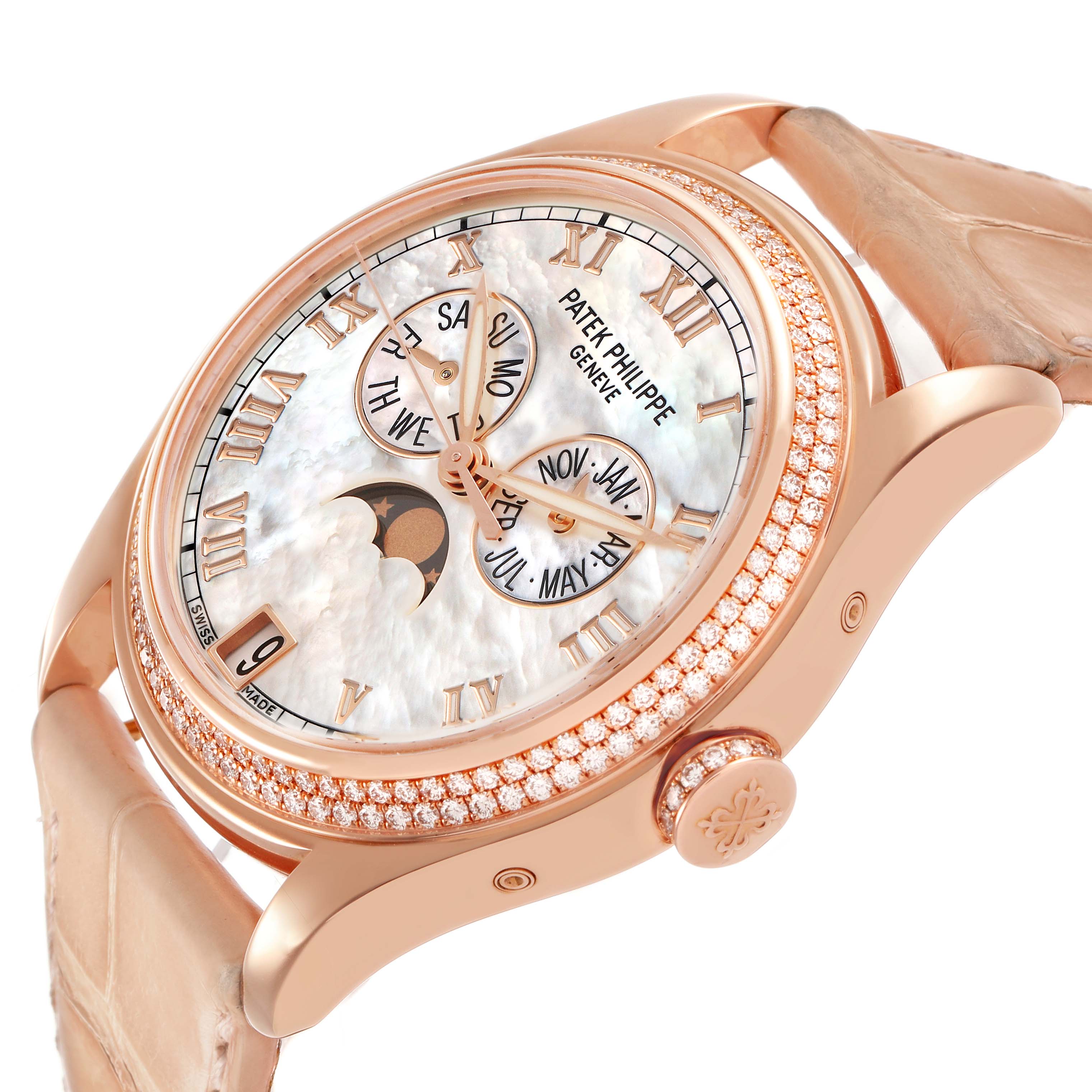 The Patek Philippe Complications 4936R-001 Men's Rose Gold Mother of Pearl Dial watch is shown from a side angle, highlighting the dial, case, crown, and leather strap.