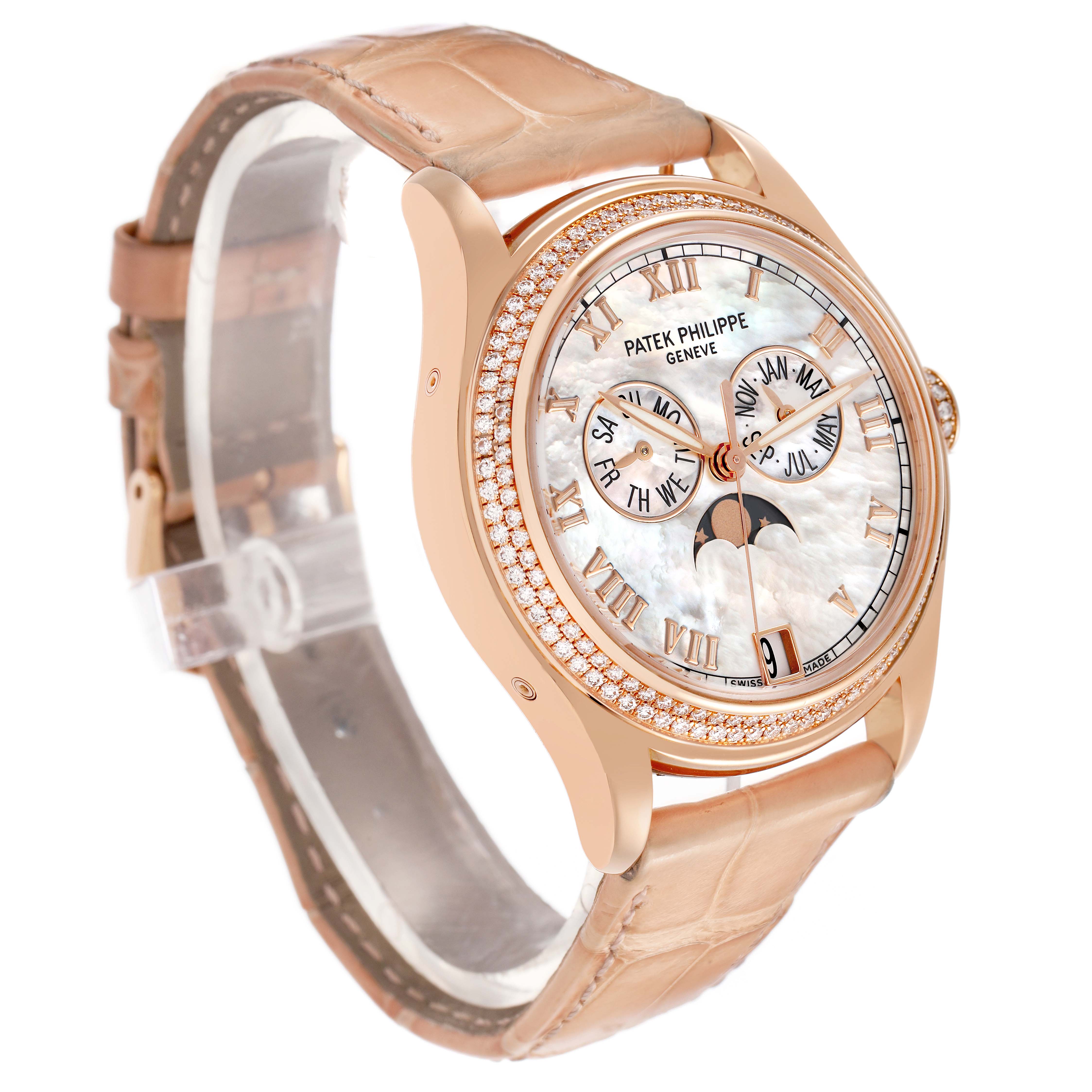 The Patek Philippe Complications 4936R-001 Men's Rose Gold Mother of Pearl Dial watch is shown at a slight angle, highlighting the dial, bezel, and leather strap.