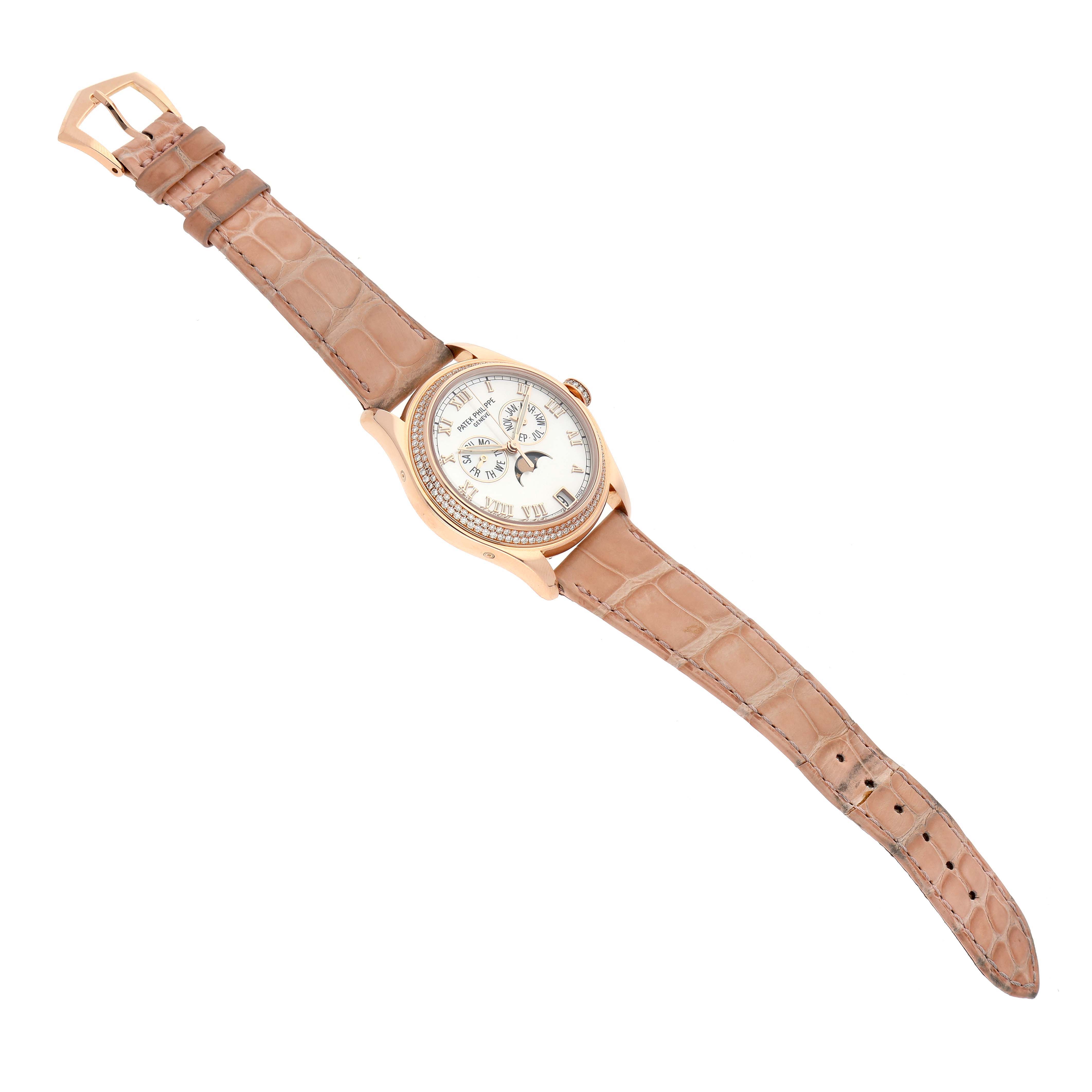 The Patek Philippe Complications 4936R-001 Men's Rose Gold Mother of Pearl Dial watch is shown at a slight angle featuring the face, case, and full leather strap.