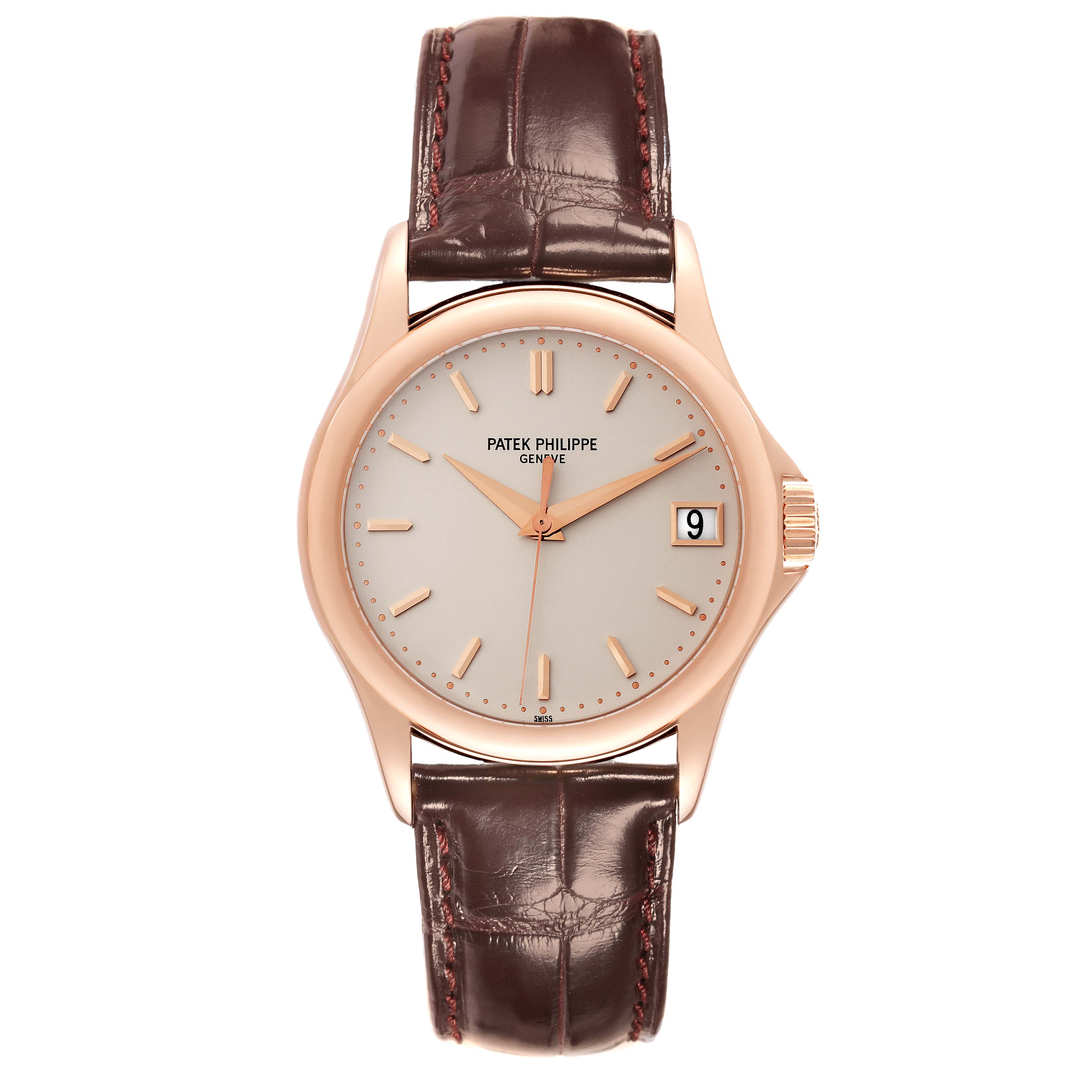 This image shows a front view of a Patek Philippe Calatrava 5127R-001 Men's Rose Gold Silver Dial 5127R-001 Men's Rose Gold Silver Dial watch, featuring its dial, hands, date window, and brown leather strap.