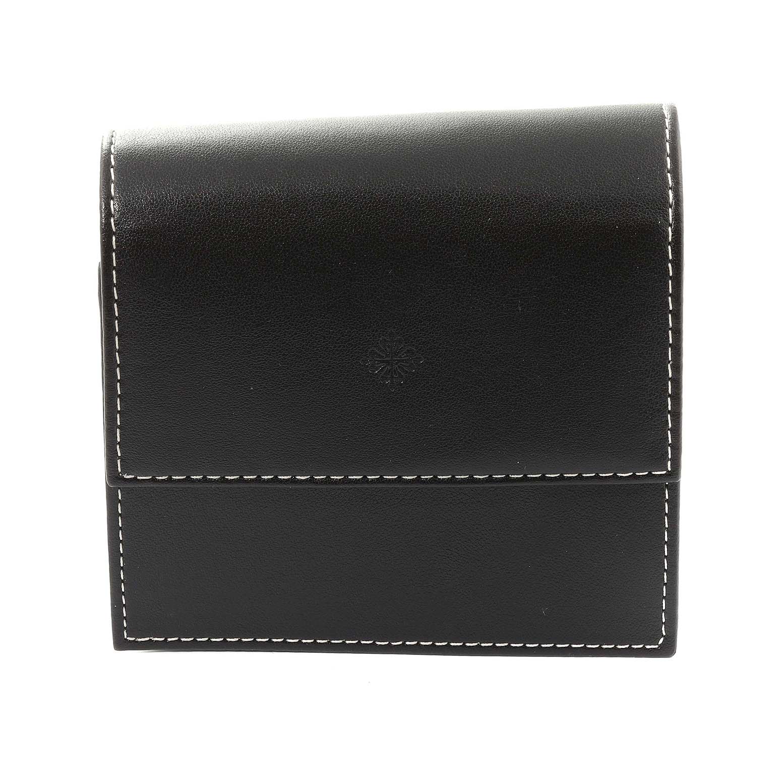 This image shows a black leather case with white stitching for the Patek Philippe Calatrava 5127R-001 Men's Rose Gold Silver Dial 5127R-001 Men's Rose Gold Silver Dial watch.