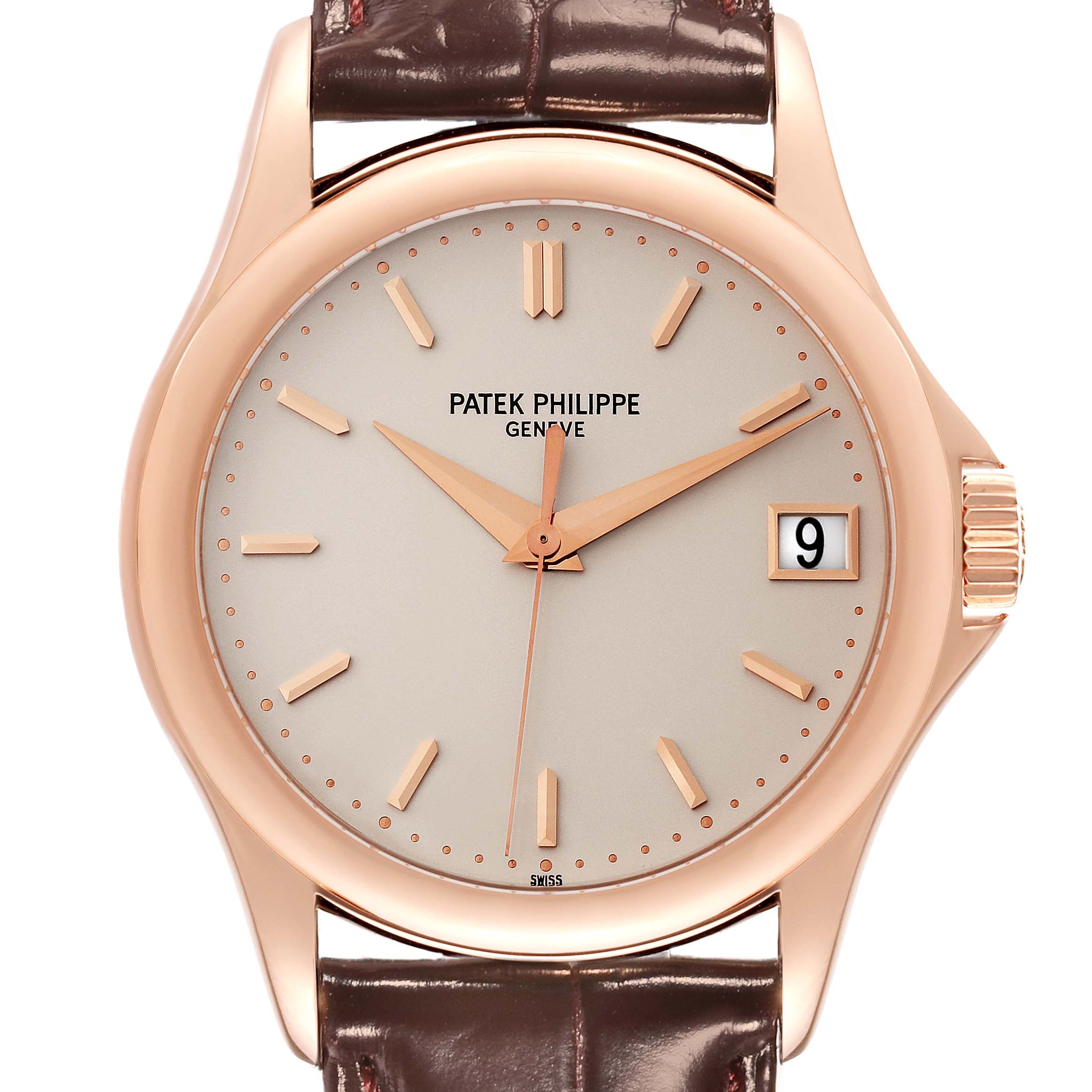 The image shows a front view of a Patek Philippe Calatrava 5127R-001 Men's Rose Gold Silver Dial 5127R-001 Men's Rose Gold Silver Dial watch, featuring its dial, crown, and leather strap.