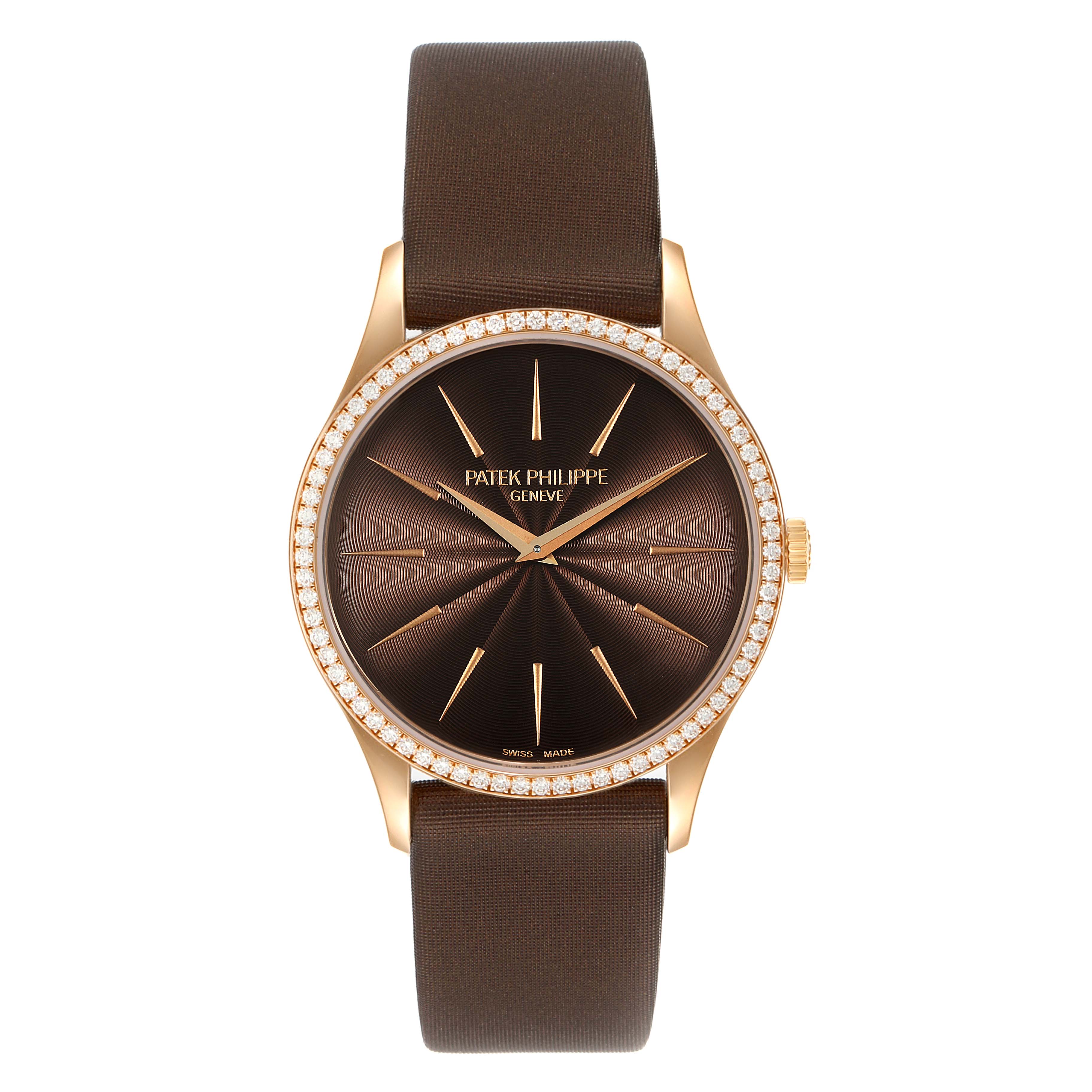 This Patek Philippe Calatrava 4897R-001 Women's Rose Gold Brown Dial 4897R-001 Women's Rose Gold Brown Dial model watch is shown from the front, featuring the dial, hands, bezel, and strap.