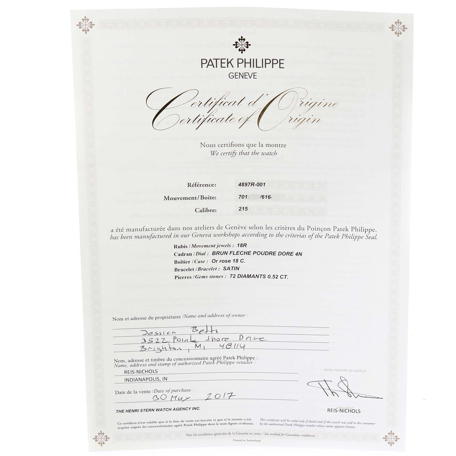 This image shows the Certificate of Origin for a Calatrava model by Patek Philippe, detailing its specifications.
