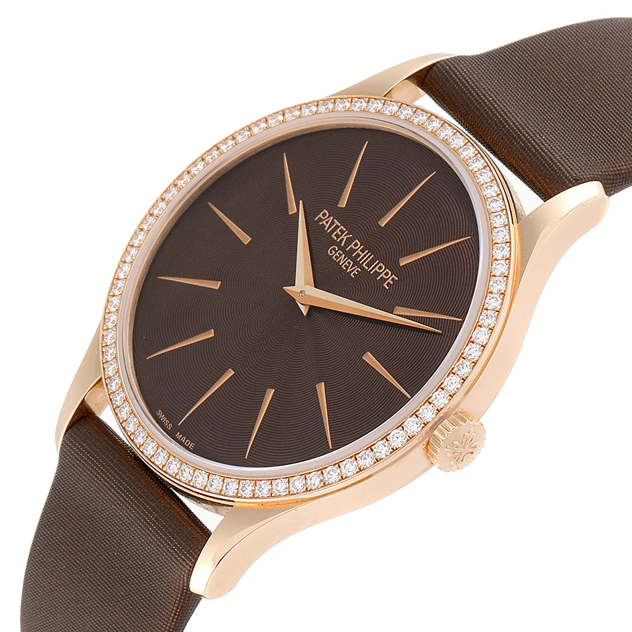 The image shows a side-angle view of a Patek Philippe Calatrava 4897R-001 Women's Rose Gold Brown Dial 4897R-001 Women's Rose Gold Brown Dial watch, highlighting its face, bezel, crown, and strap.