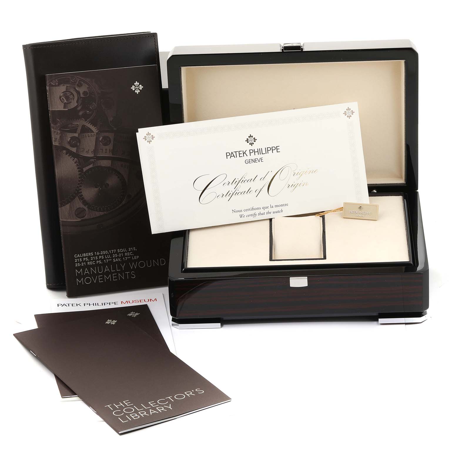 The image shows the packaging, certificate, booklet, and case for the Patek Philippe Calatrava 4897R-001 Women's Rose Gold Brown Dial 4897R-001 Women's Rose Gold Brown Dial watch.