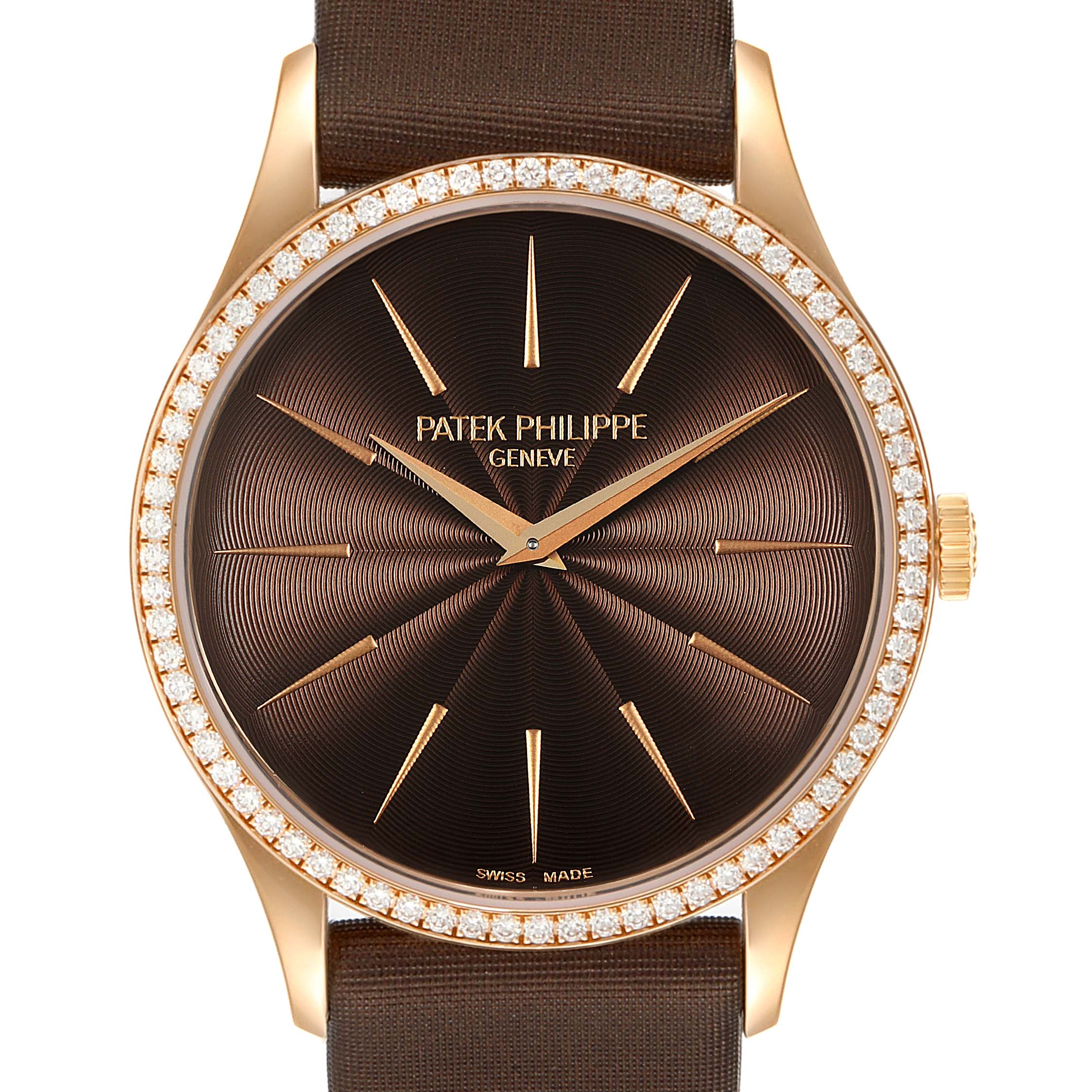 The image shows a front view of a Patek Philippe Calatrava 4897R-001 Women's Rose Gold Brown Dial 4897R-001 Women's Rose Gold Brown Dial watch with a brown dial and diamond-studded bezel.