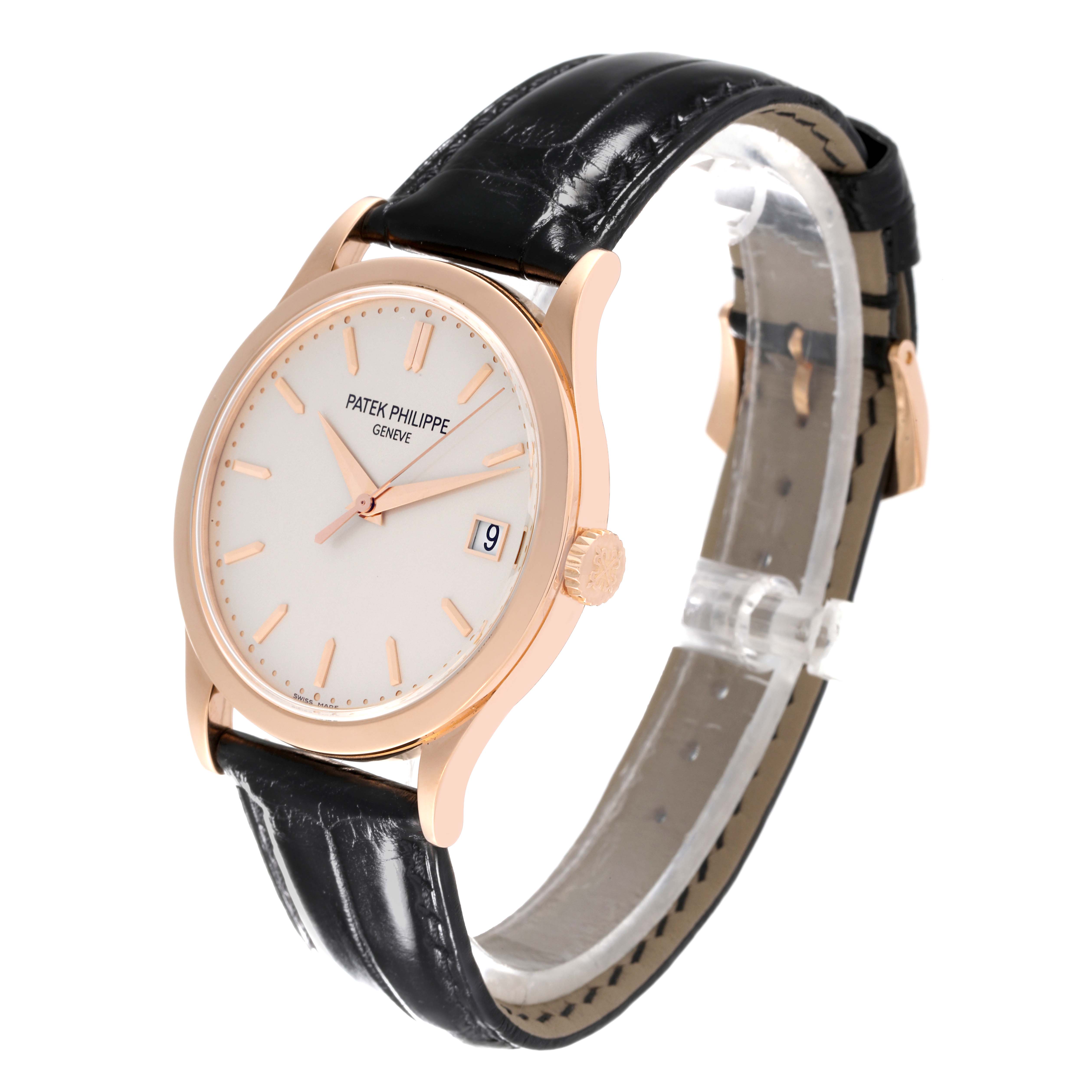 The image shows a Patek Philippe Calatrava 5296R-010 Men's Rose Gold Silver Dial 5296R-010 Men's Rose Gold Silver Dial watch at a three-quarter angle, highlighting the dial, case, crown, and strap.