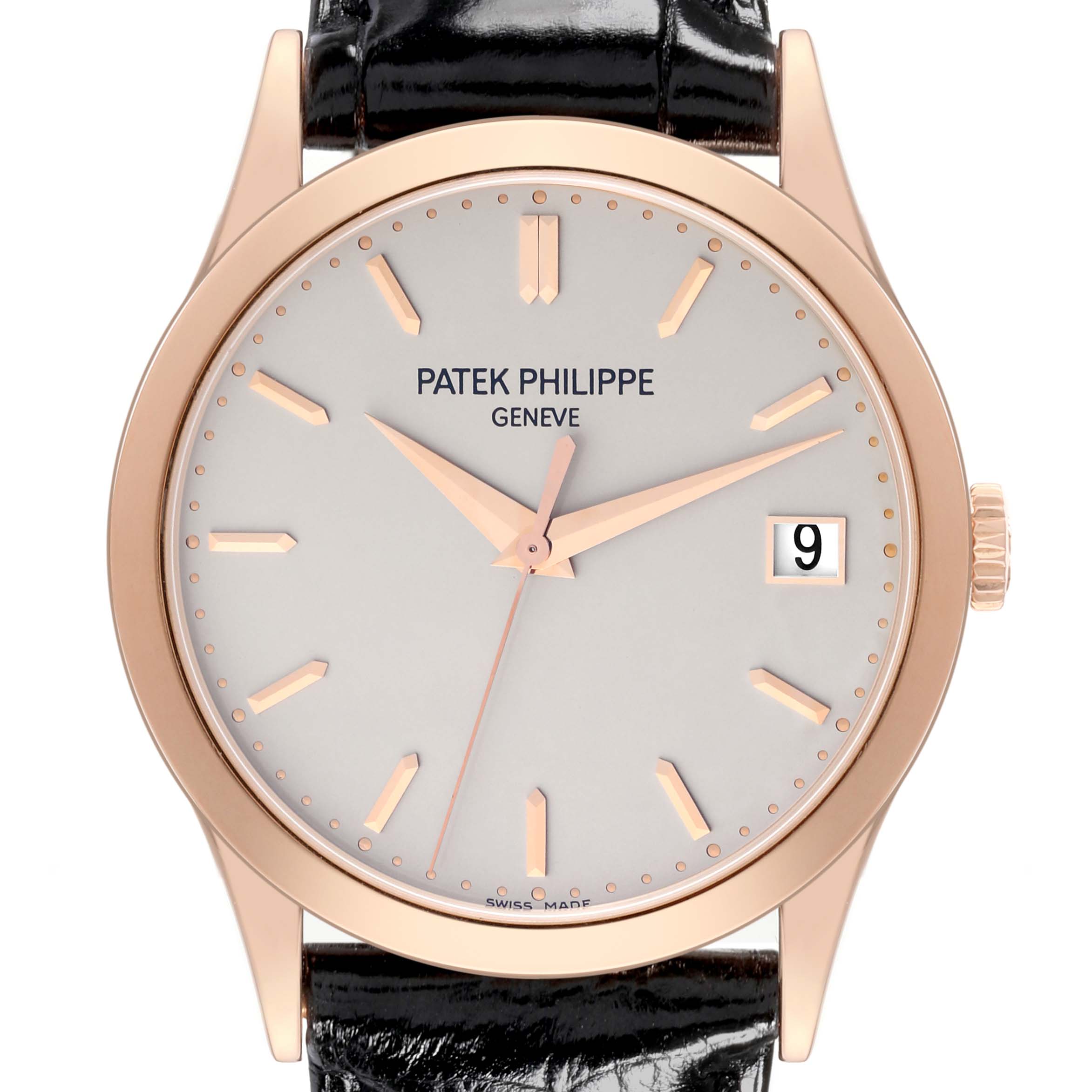 The image shows a front view of the Patek Philippe Calatrava 5296R-010 Men's Rose Gold Silver Dial 5296R-010 Men's Rose Gold Silver Dial watch, highlighting its dial, hands, date window, and crown.