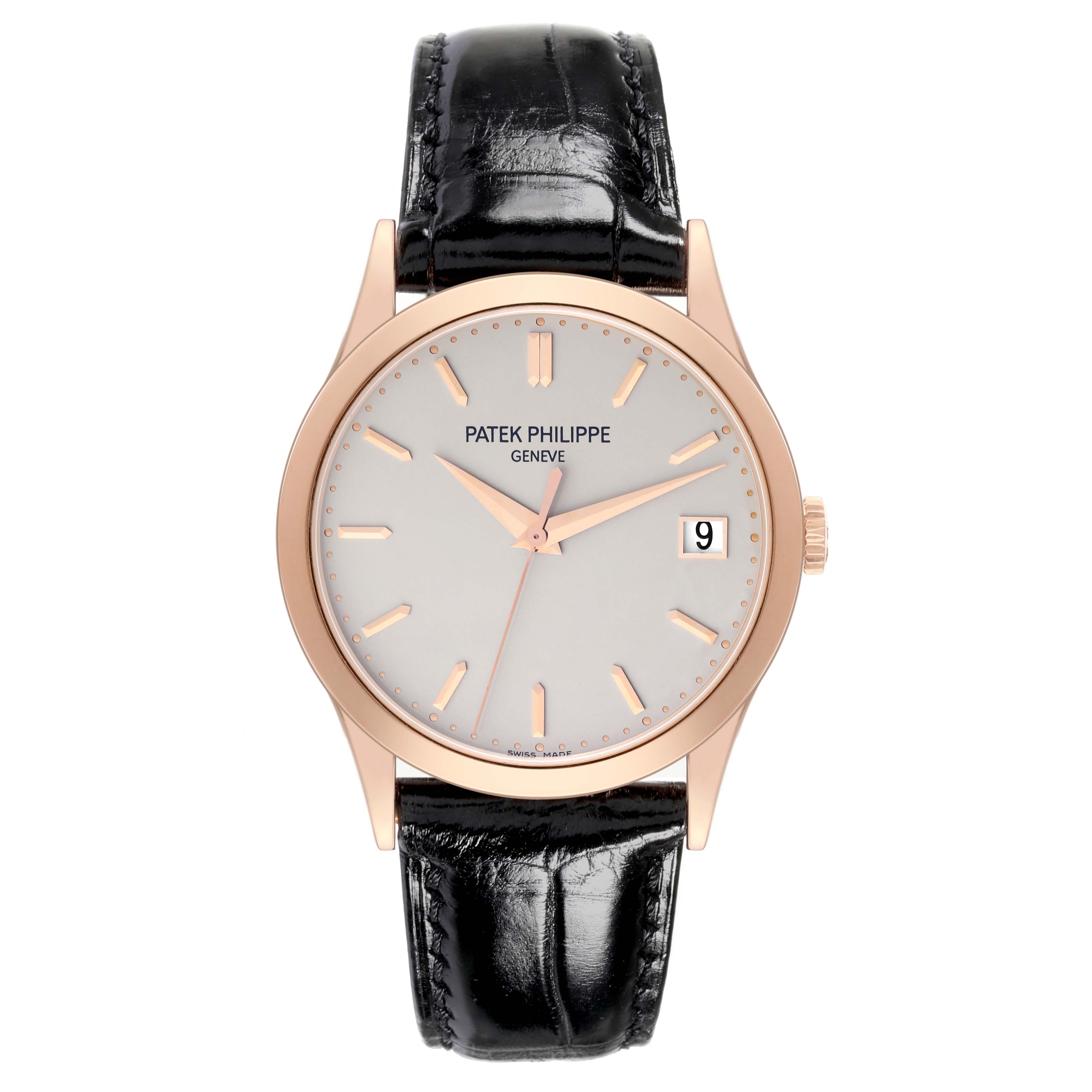 This image shows a front view of a Patek Philippe Calatrava 5296R-010 Men's Rose Gold Silver Dial 5296R-010 Men's Rose Gold Silver Dial watch, featuring the dial, hands, date display, and leather strap.