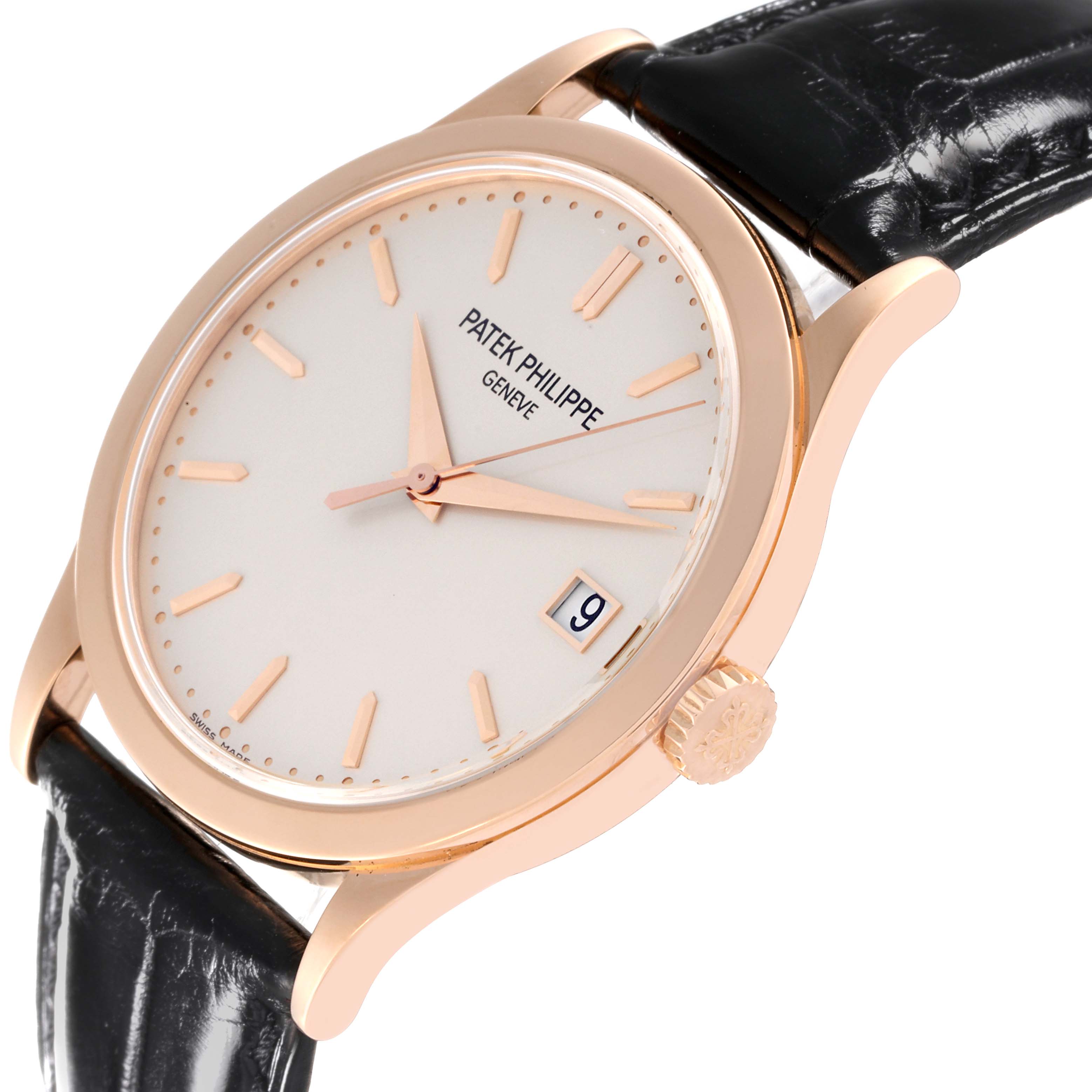 The image shows a close-up, angled view of the face, crown, and leather strap of a Patek Philippe Calatrava 5296R-010 Men's Rose Gold Silver Dial 5296R-010 Men's Rose Gold Silver Dial watch.