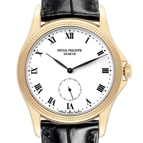 This image shows a front view of a Patek Philippe Calatrava watch with a gold case and a black leather strap.