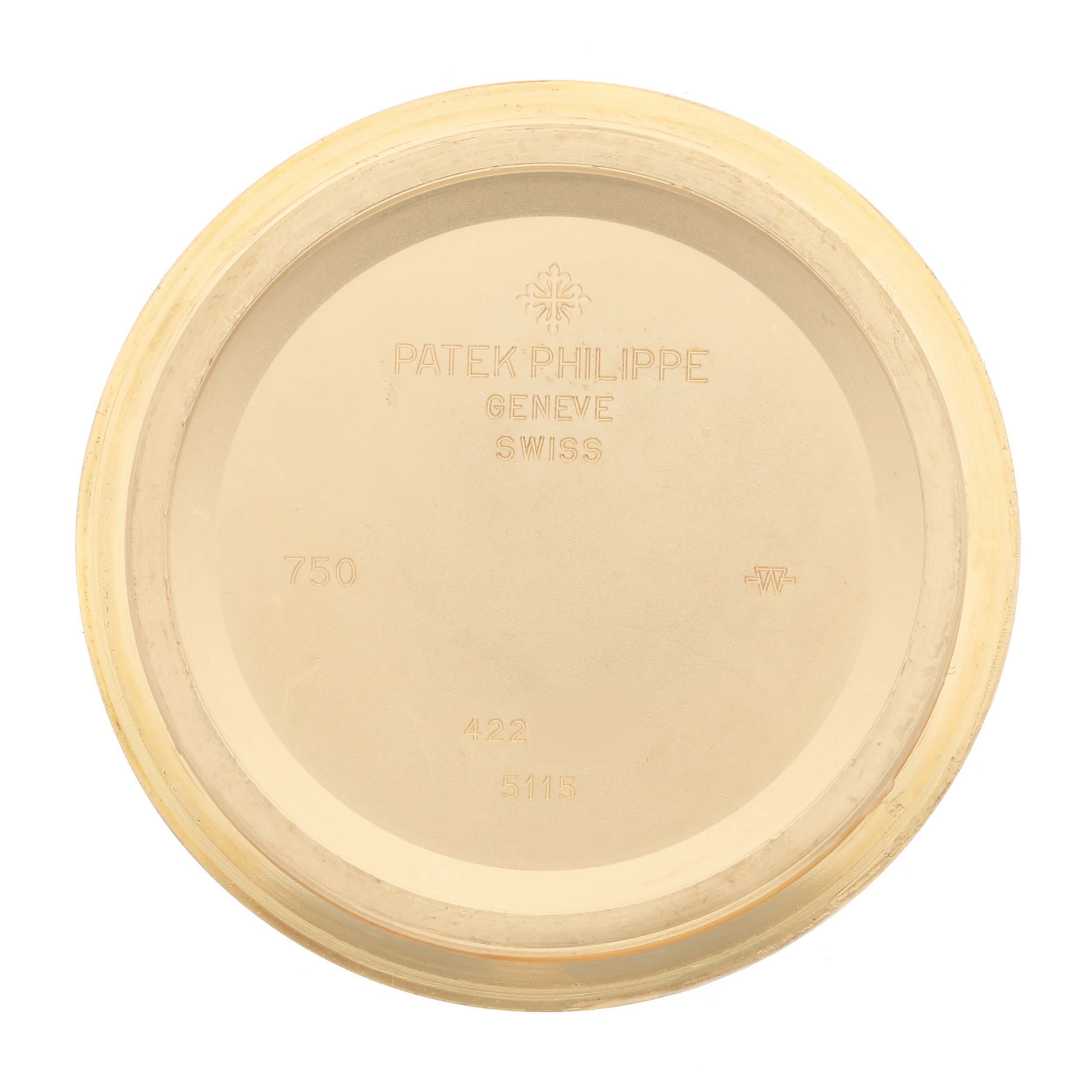 This image shows the internal side of the case back of a Patek Philippe Calatrava 5115J Men's Yellow Gold White Dial 5115J Men's Yellow Gold White Dial watch.
