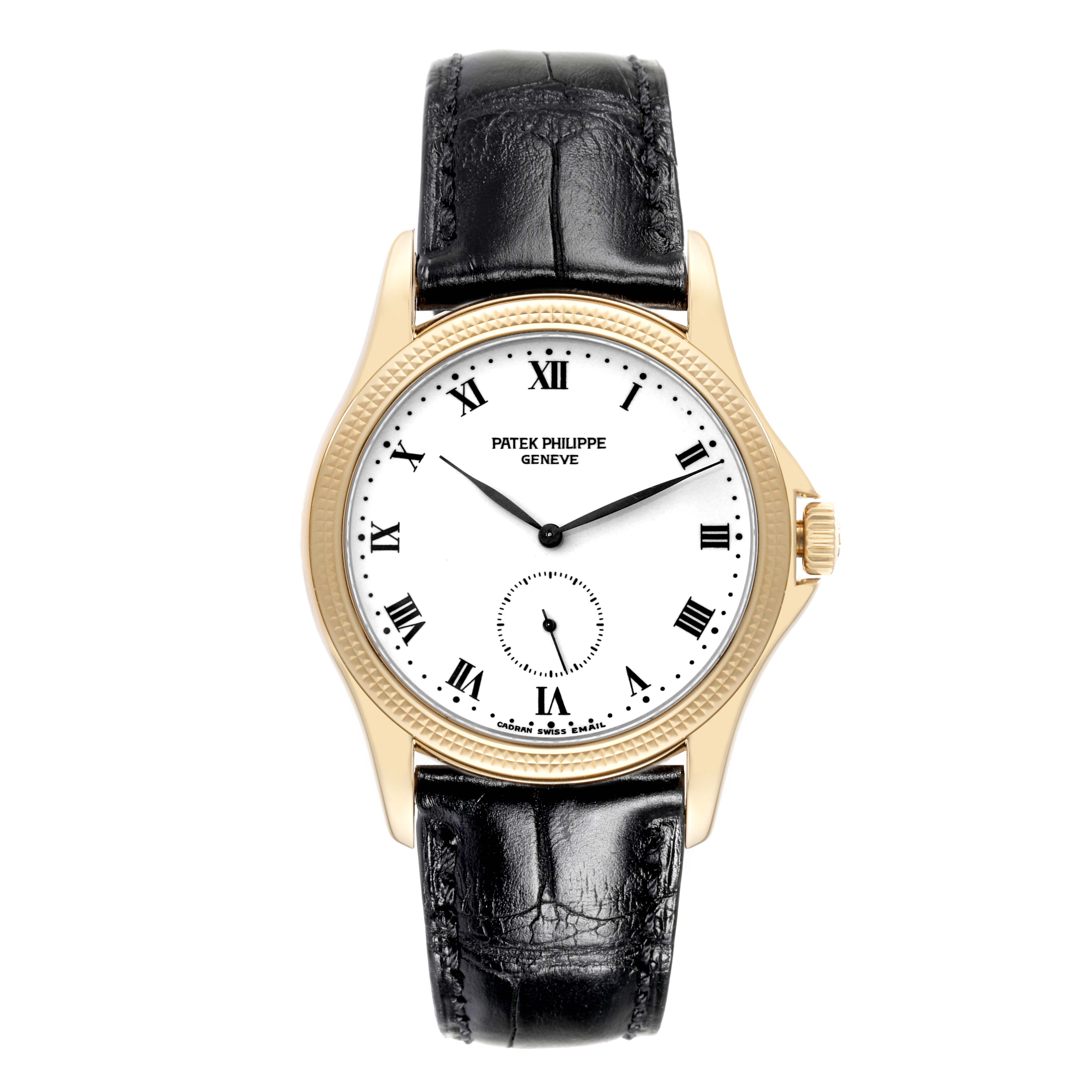 The image shows a front angle of the Patek Philippe Calatrava 5115J Men's Yellow Gold White Dial 5115J Men's Yellow Gold White Dial watch with a leather strap and a gold case.