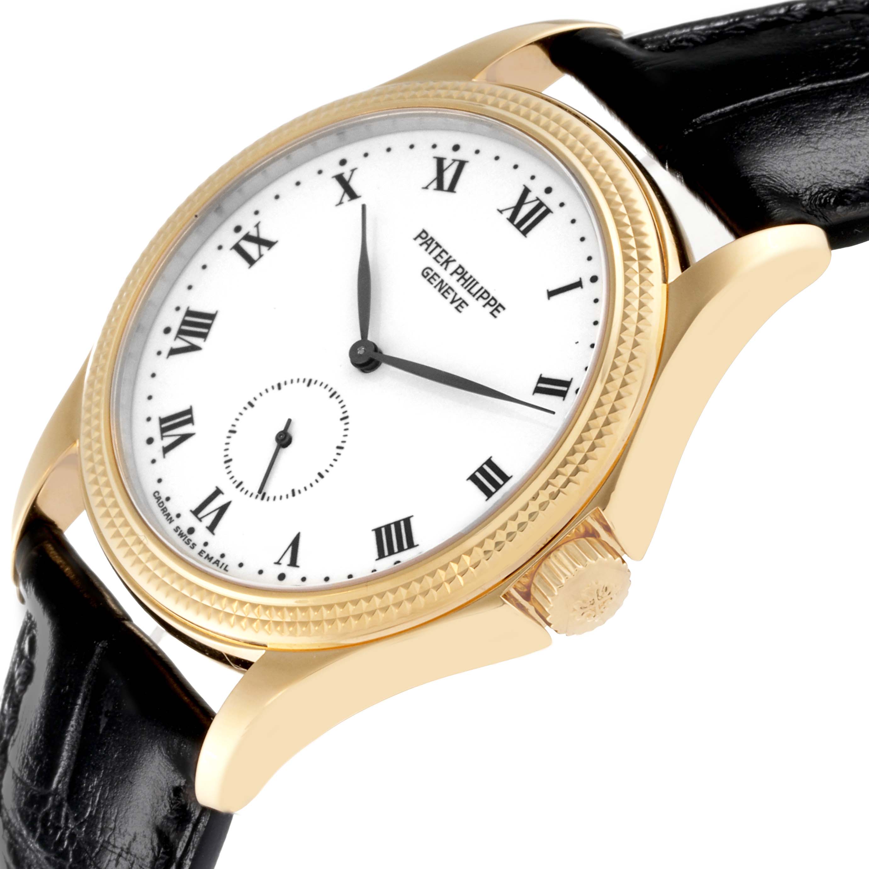 The Patek Philippe Calatrava 5115J Men's Yellow Gold White Dial 5115J Men's Yellow Gold White Dial watch is shown from an oblique angle highlighting its gold case, white dial with Roman numerals, and black leather strap.