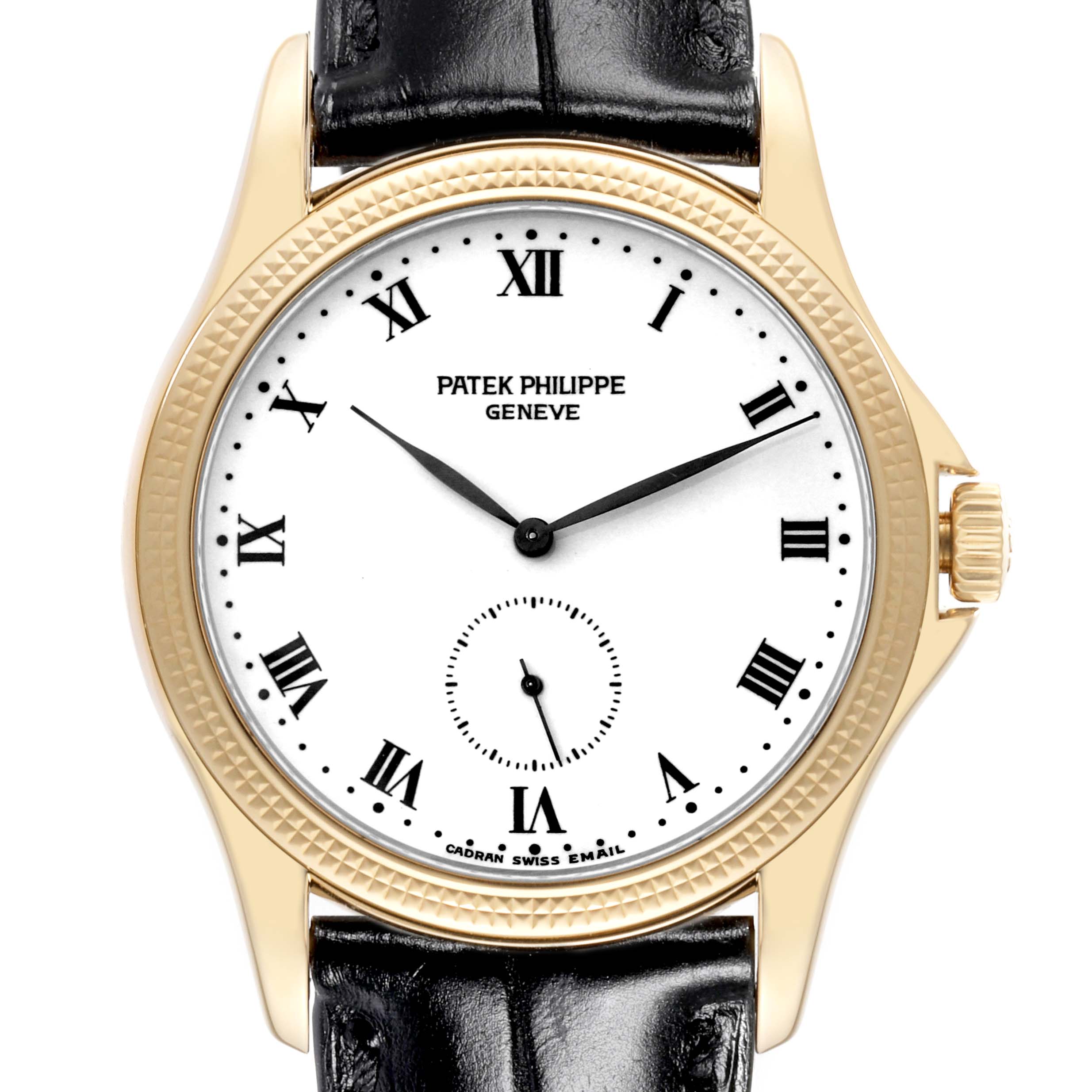 The image shows a front view of the Patek Philippe Calatrava 5115J Men's Yellow Gold White Dial 5115J Men's Yellow Gold White Dial watch, highlighting the dial, bezel, and leather strap.