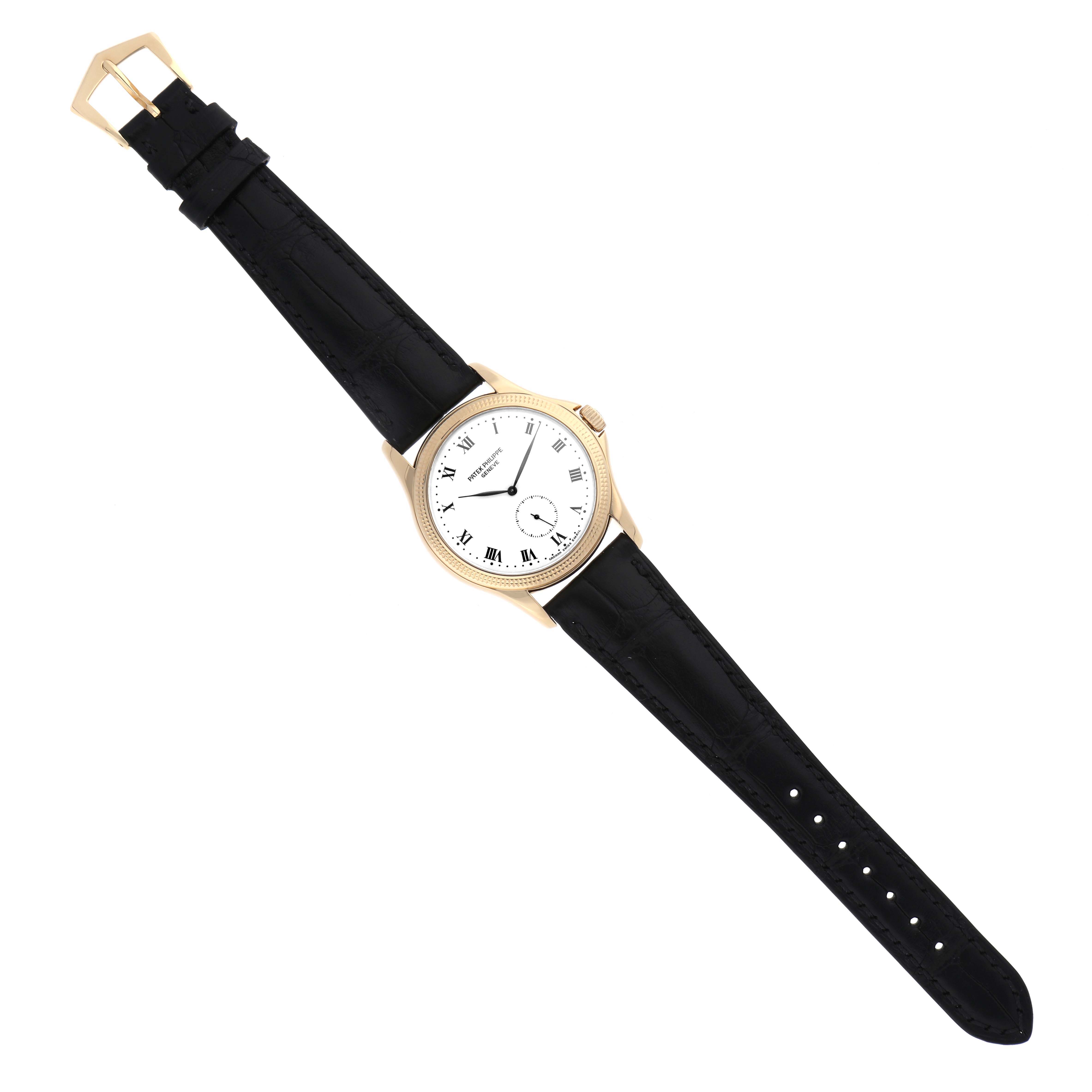 The image shows the front view of a Patek Philippe Calatrava 5115J Men's Yellow Gold White Dial 5115J Men's Yellow Gold White Dial watch with a black leather strap and a gold case.