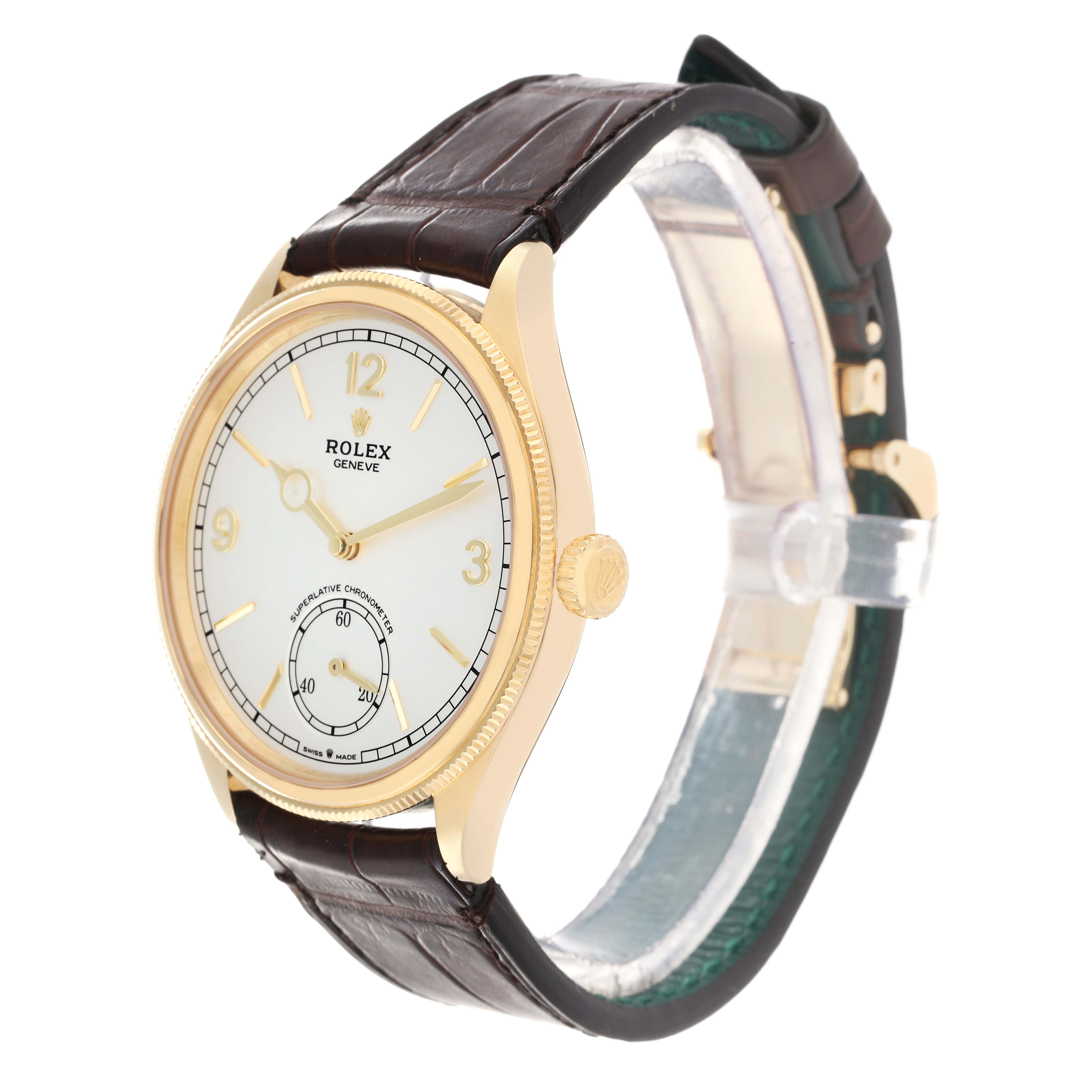 The Rolex 1908 52508-0006 Men
s Yellow Gold White Dial is shown at a three-quarter angle, displaying the face, case, crown, and strap.