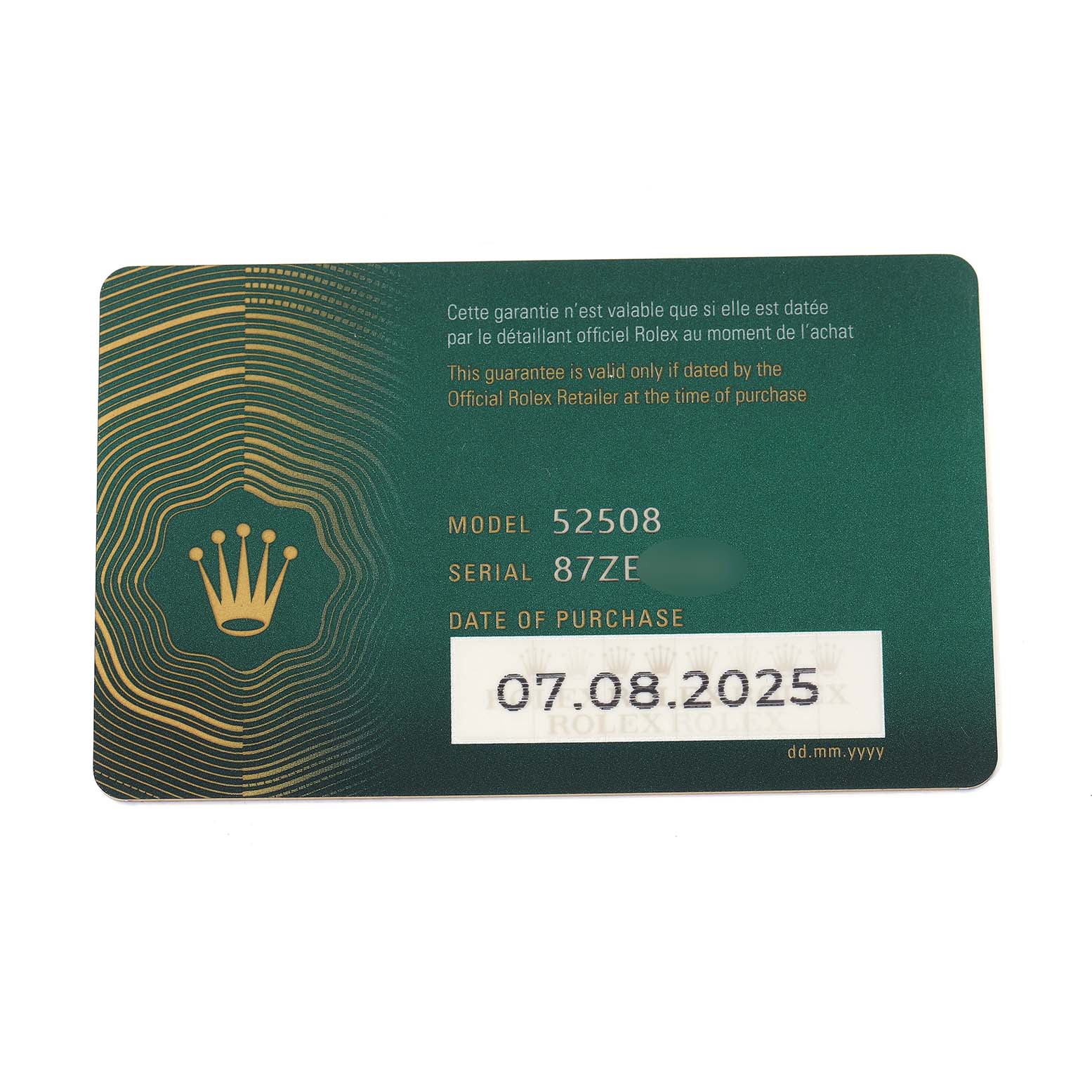 This image shows a guarantee card for a Rolex 1908 52508-0006 Men
s Yellow Gold White Dial model, including the model and serial number details.