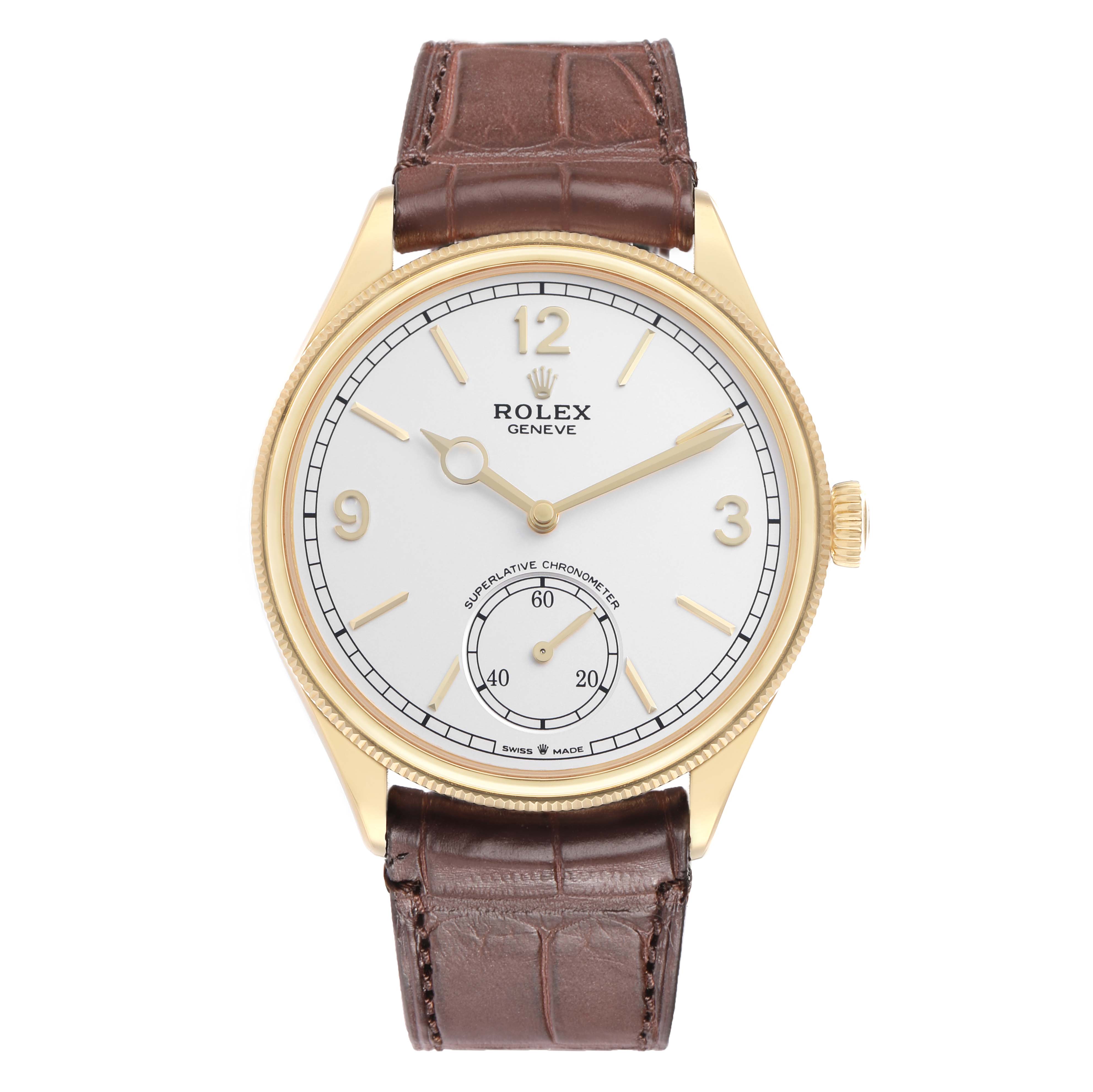 The Rolex 1908 52508-0006 Men
s Yellow Gold White Dial watch is shown from the front, displaying its dial, hands, leather strap, and crown.