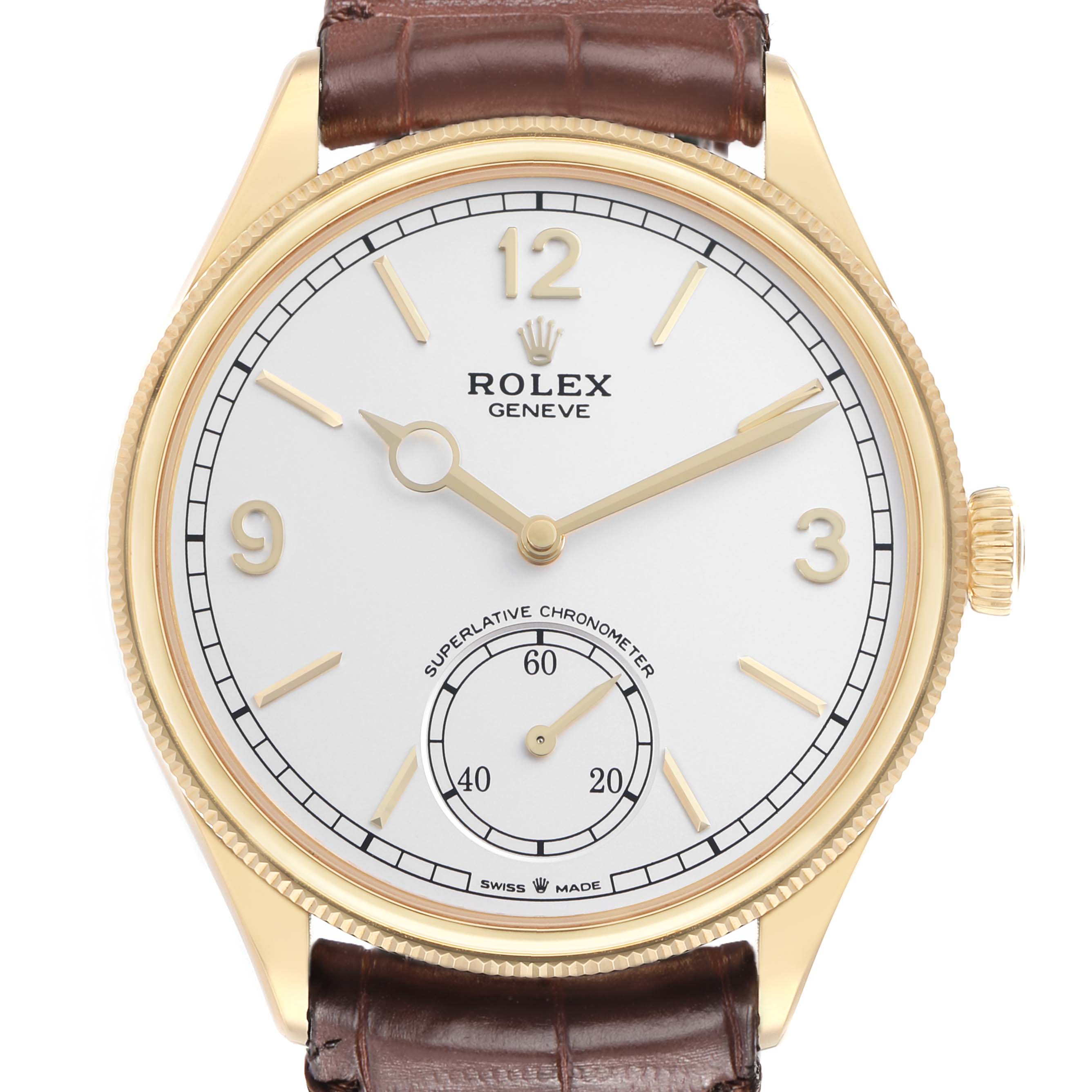 The Rolex 1908 52508-0006 Men
s Yellow Gold White Dial model is shown from the front, displaying the dial, hands, and crown, with a brown leather strap.
