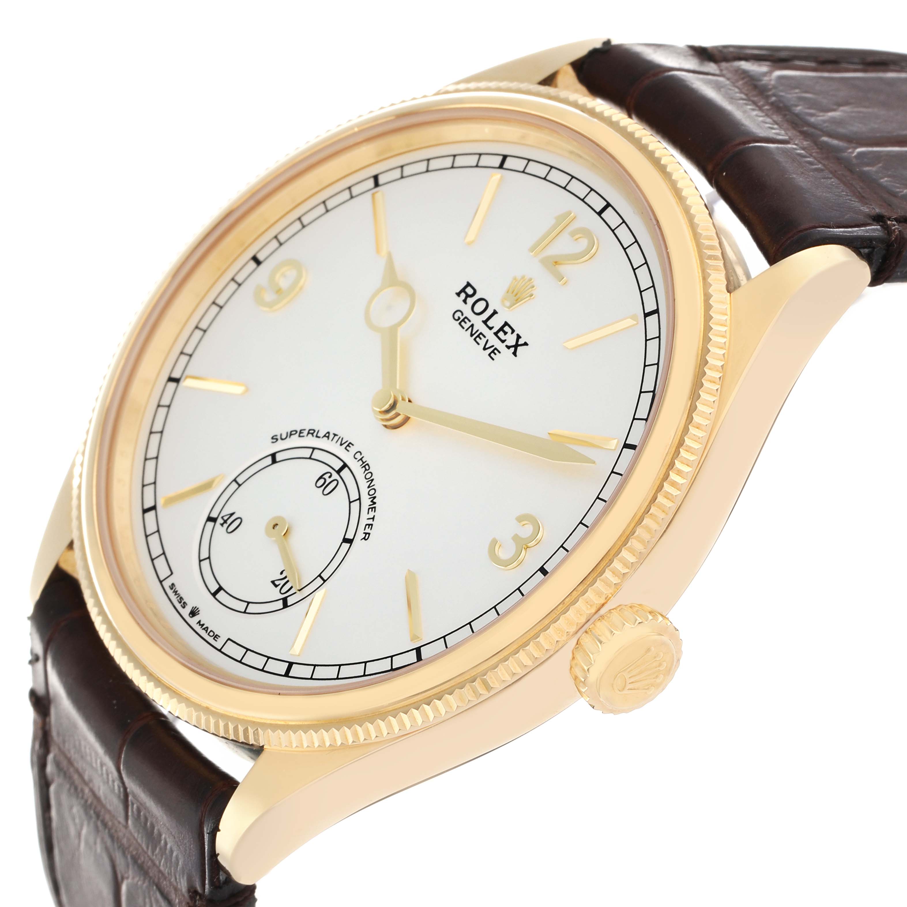 The Rolex 1908 52508-0006 Men
s Yellow Gold White Dial model is shown at an angled side view, displaying the watch face, hands, crown, and part of the leather strap.