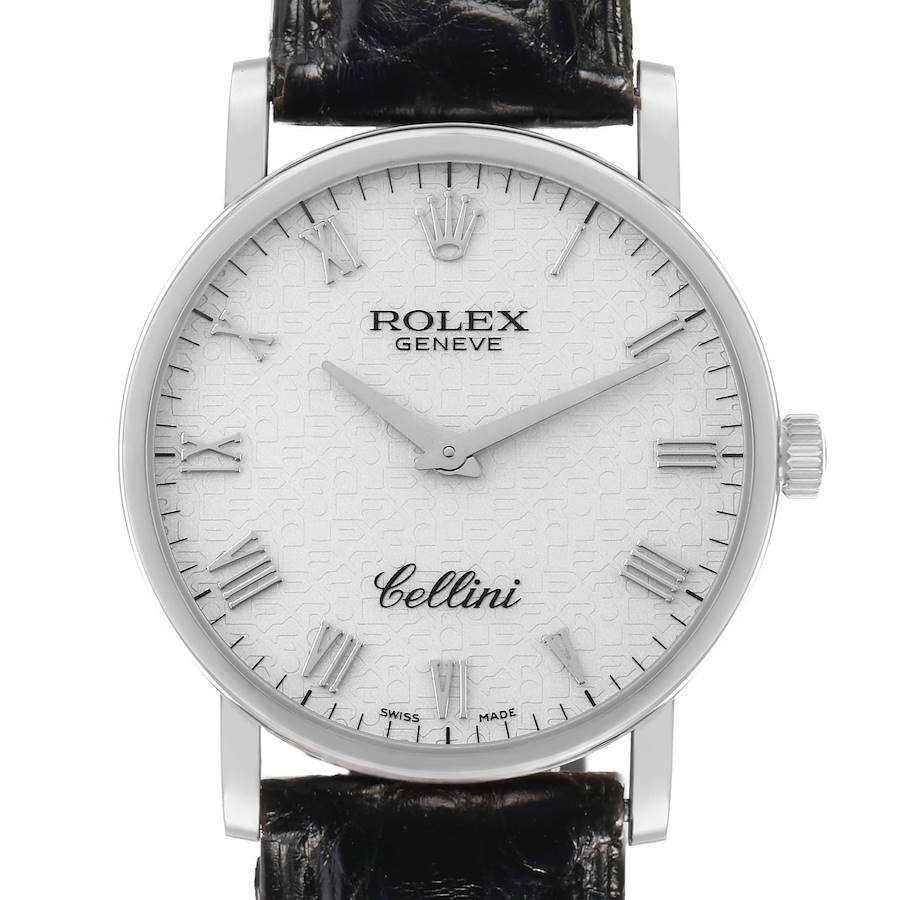 This image shows a frontal view of the Rolex Cellini 5115 Men's White Gold Silver Dial watch, displaying the dial, hands, crown, and part of the leather strap.