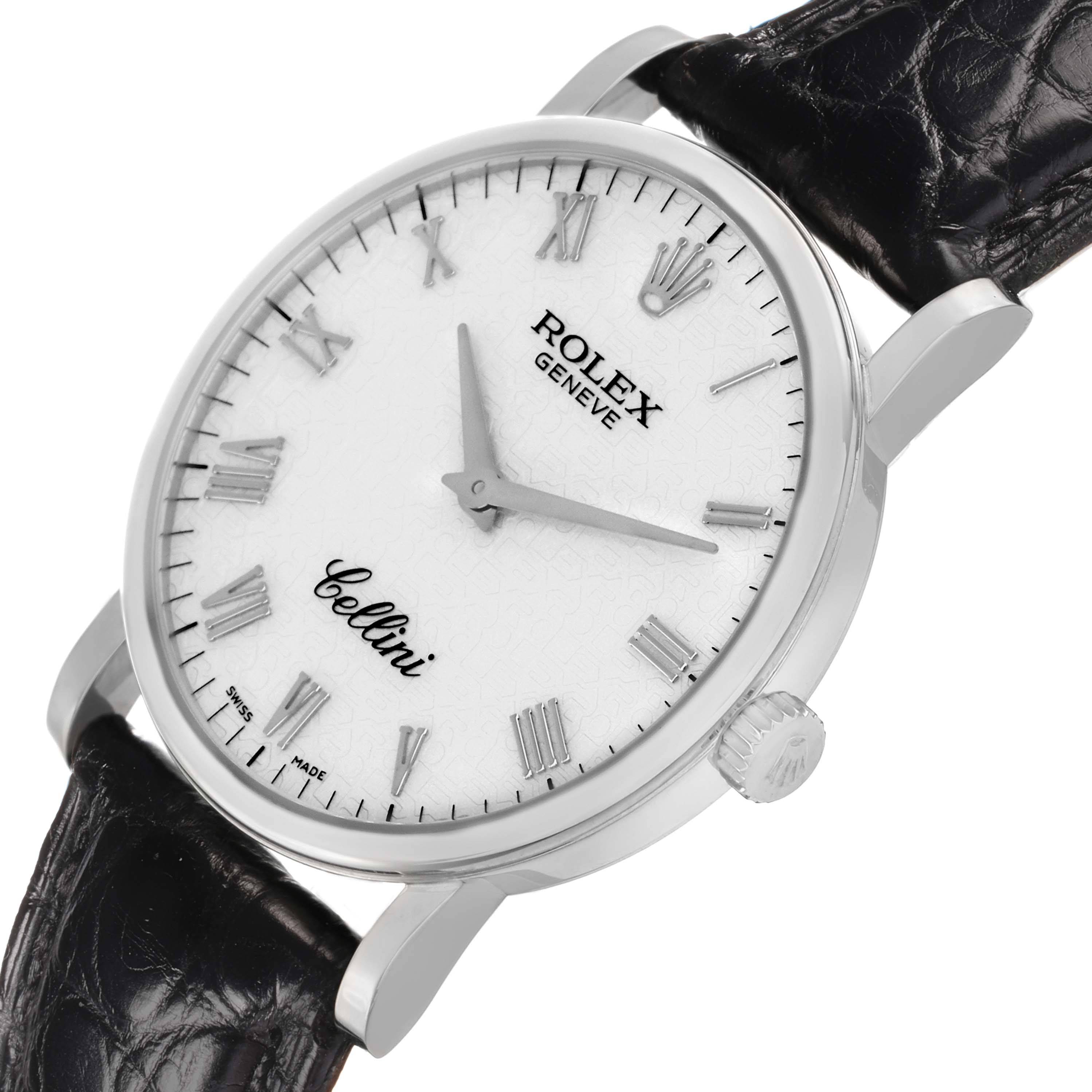 The Rolex Cellini 5115 Men
s White Gold Silver Dial watch is shown from a slightly angled side view, displaying its face, crown, and part of the leather strap.