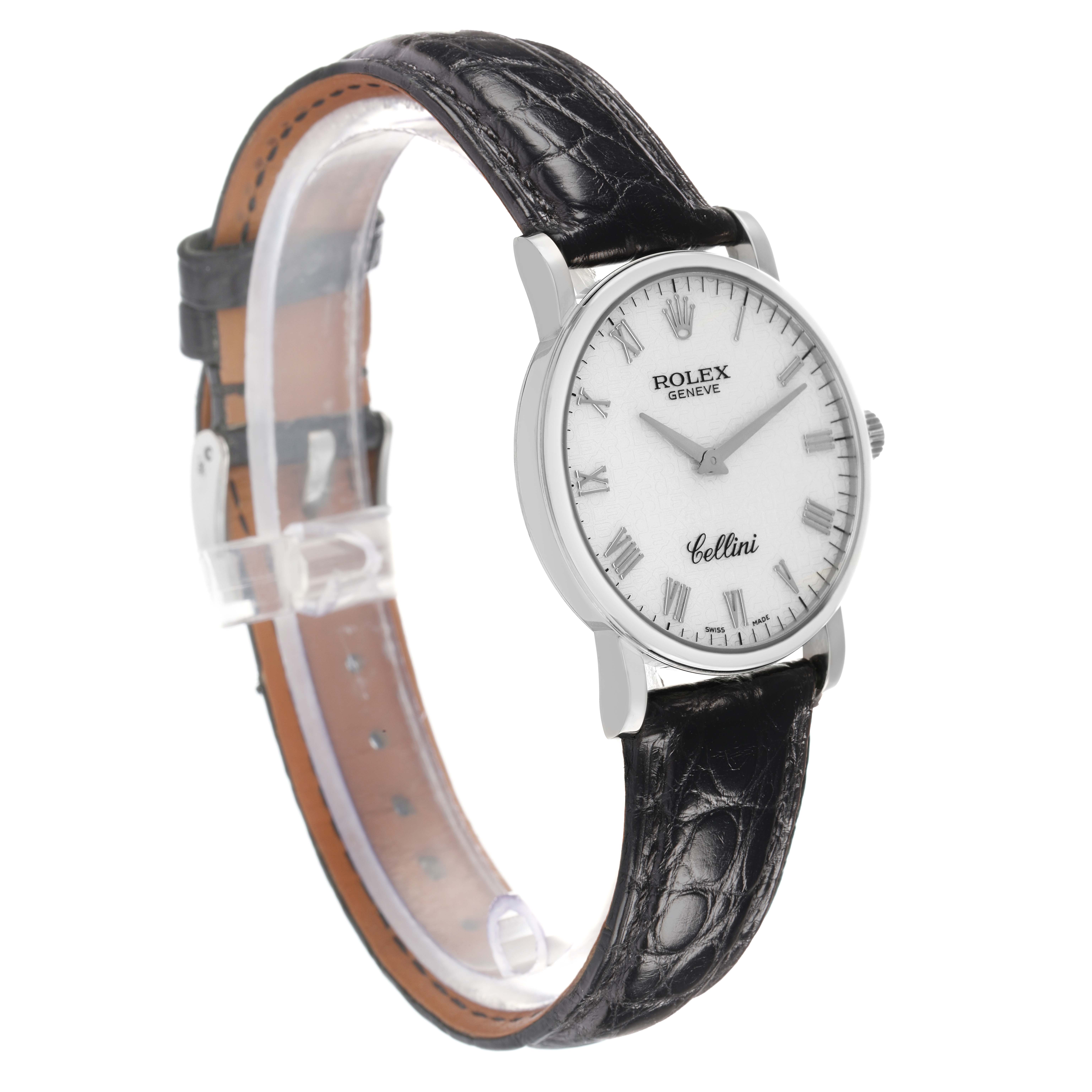 The Rolex Cellini 5115 Men
s White Gold Silver Dial watch is shown at a front-side angle, highlighting the dial, case, and leather strap.