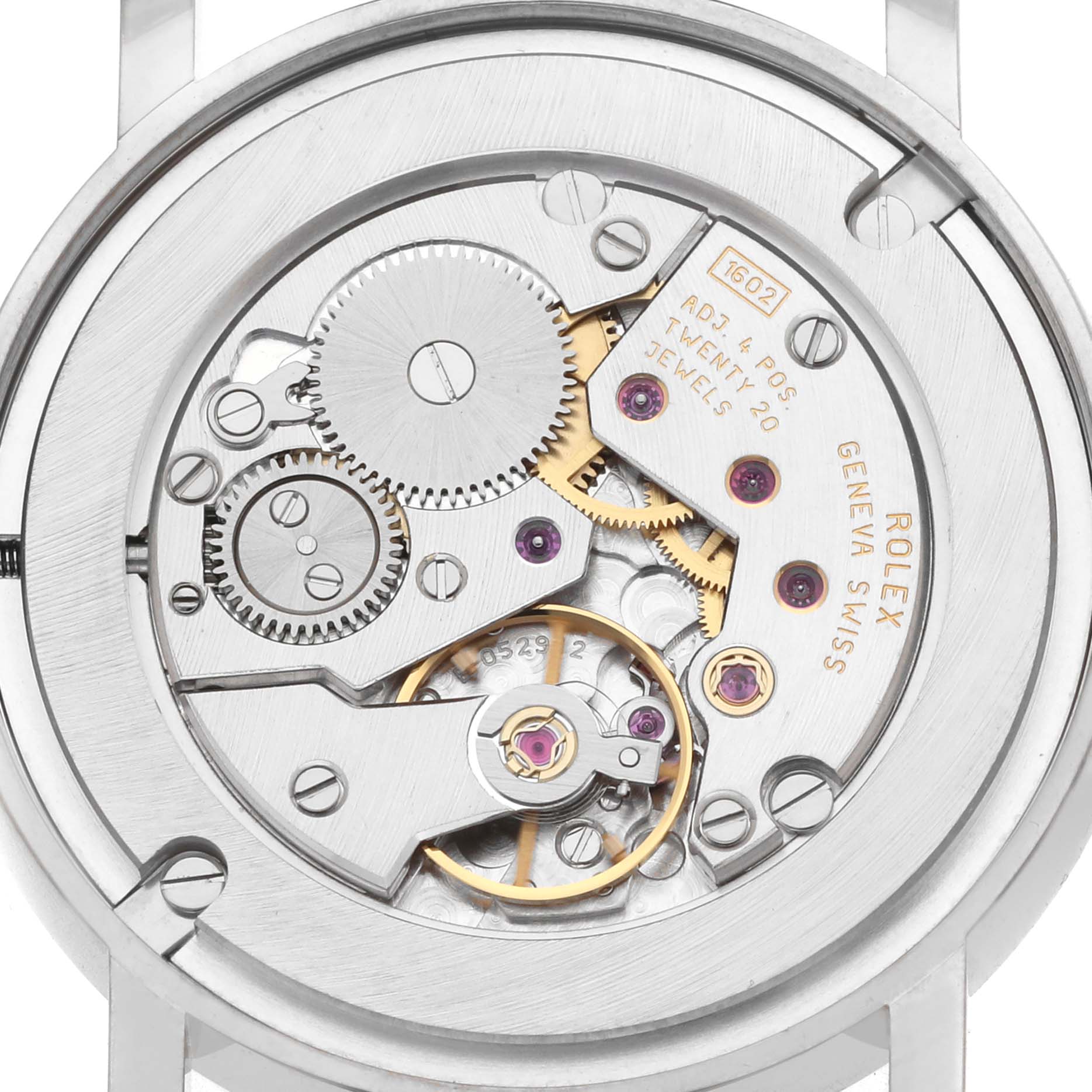 The image shows the detailed inner movement of a Rolex Cellini 5115 Men
s White Gold Silver Dial watch from a top-down angle.