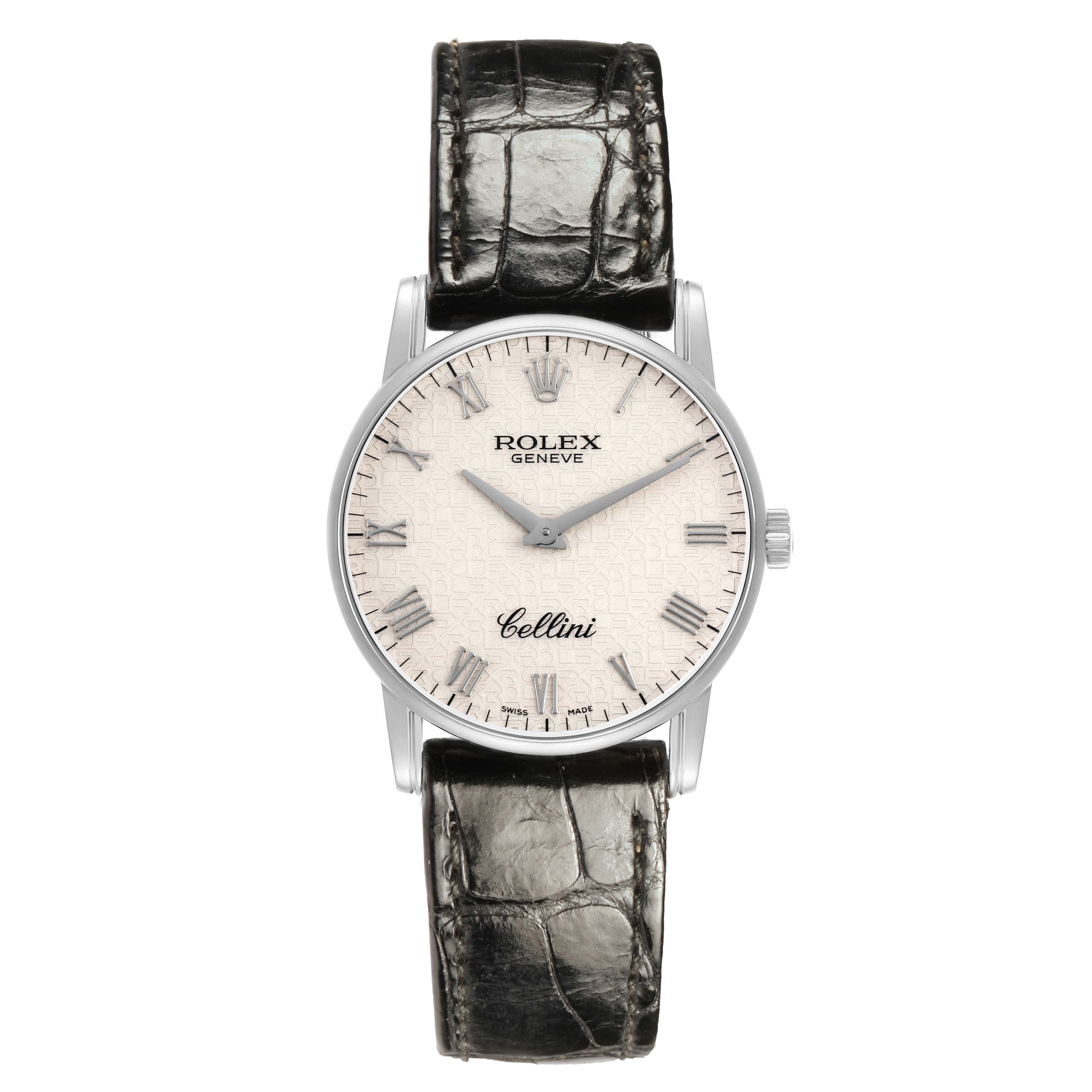 The Rolex Cellini 5116/9 Men's White Gold White Dial watch is shown from a straight-on angle, highlighting its dial, hands, and leather strap.