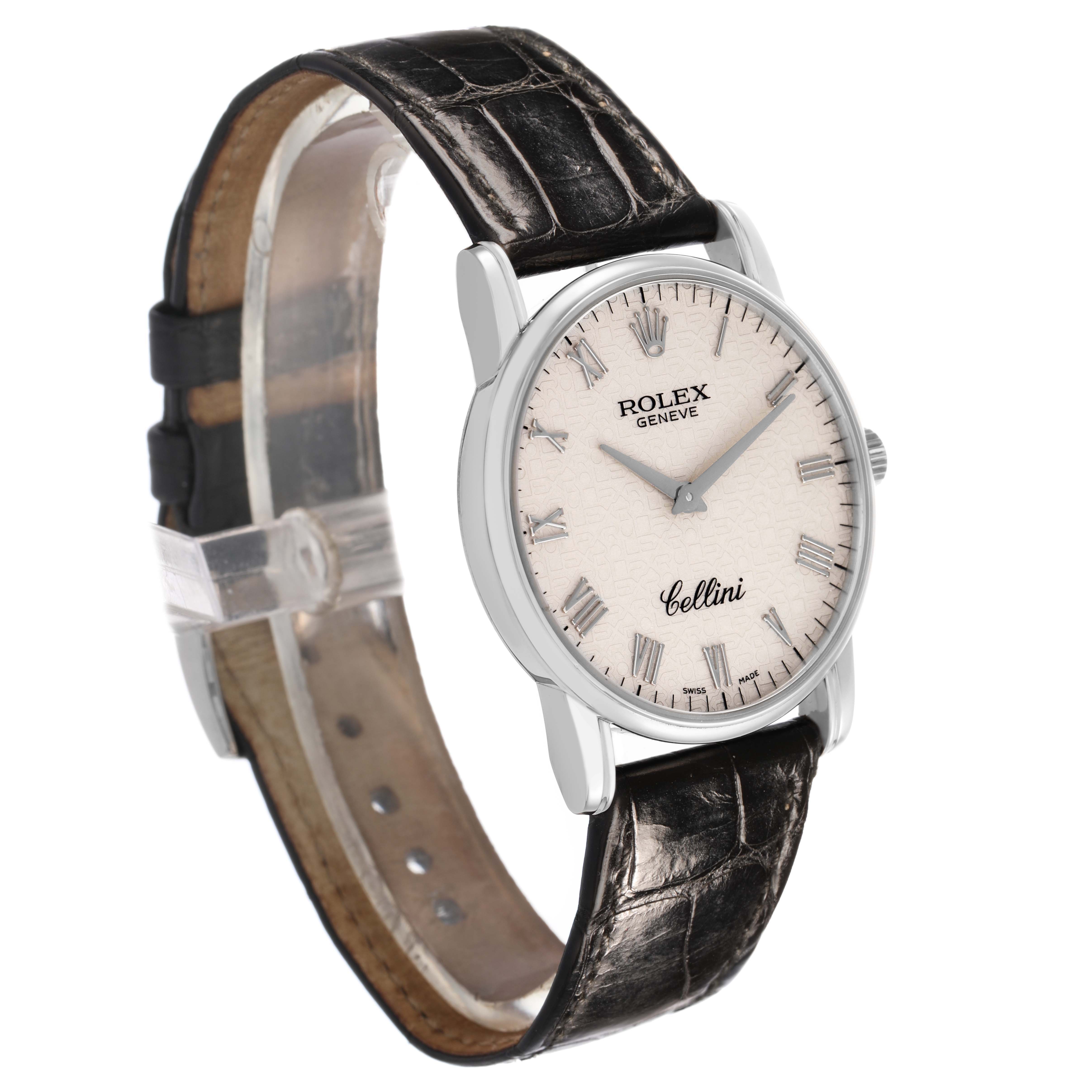 The Rolex Cellini 5116/9 Men's White Gold White Dial watch is shown from a three-quarter angle, highlighting the face, bezel, and black leather strap.
