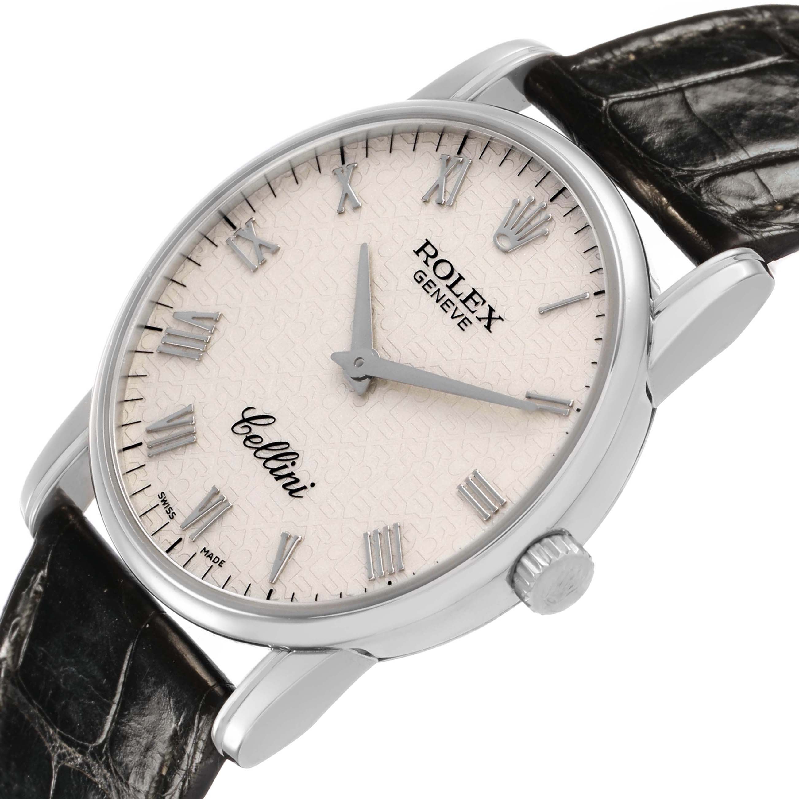 The Rolex Cellini 5116/9 Men's White Gold White Dial watch is shown from a slightly angled top view, displaying its face, Roman numerals, crown, and leather strap.