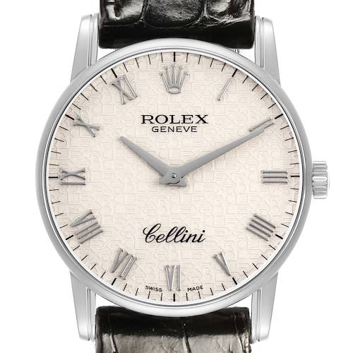 The Rolex Cellini 5116/9 Men's White Gold White Dial watch is shown from the front, displaying its face, Roman numeral markers, and leather strap.