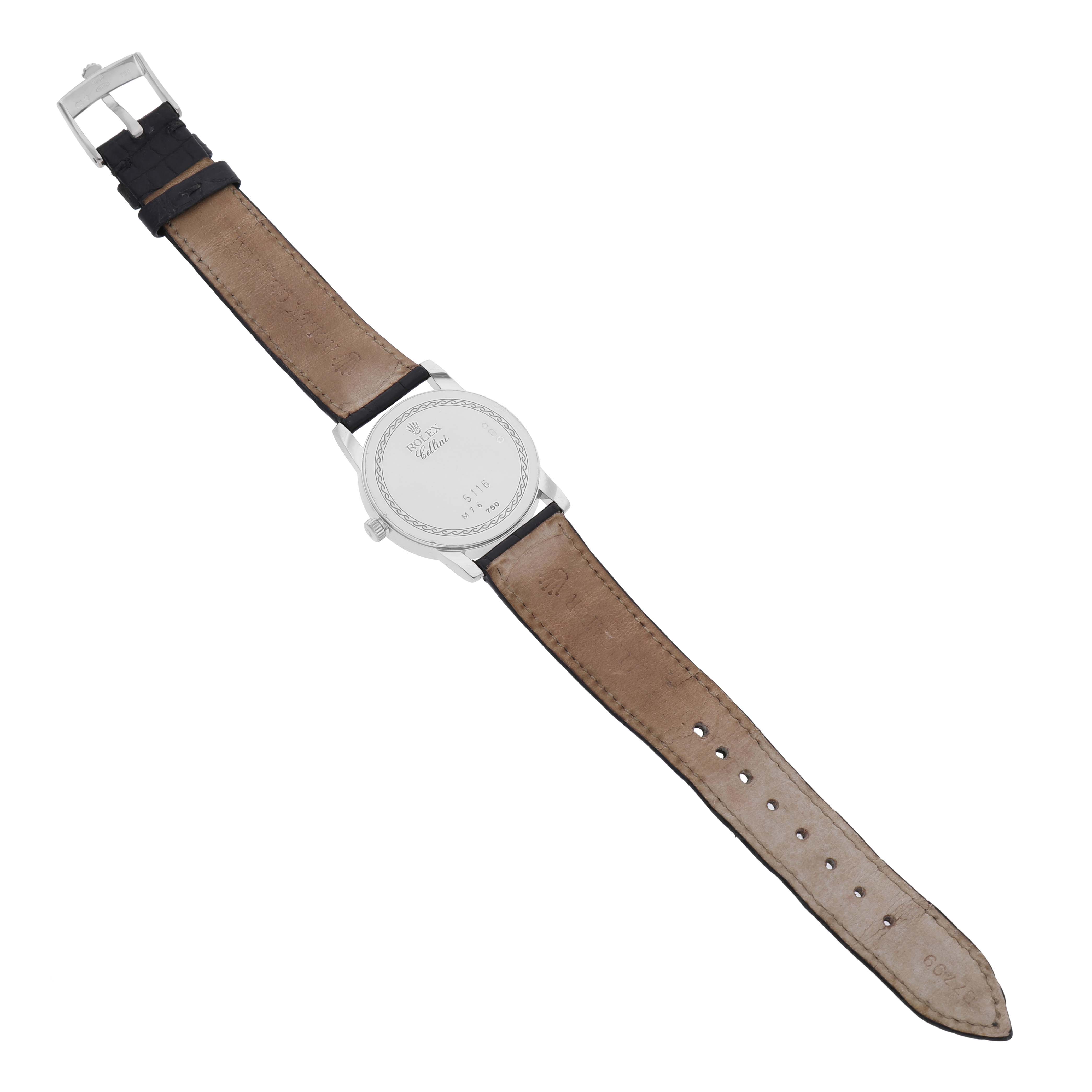 The Rolex Cellini 5116/9 Men's White Gold White Dial watch is shown from the back, displaying the case back and leather strap.