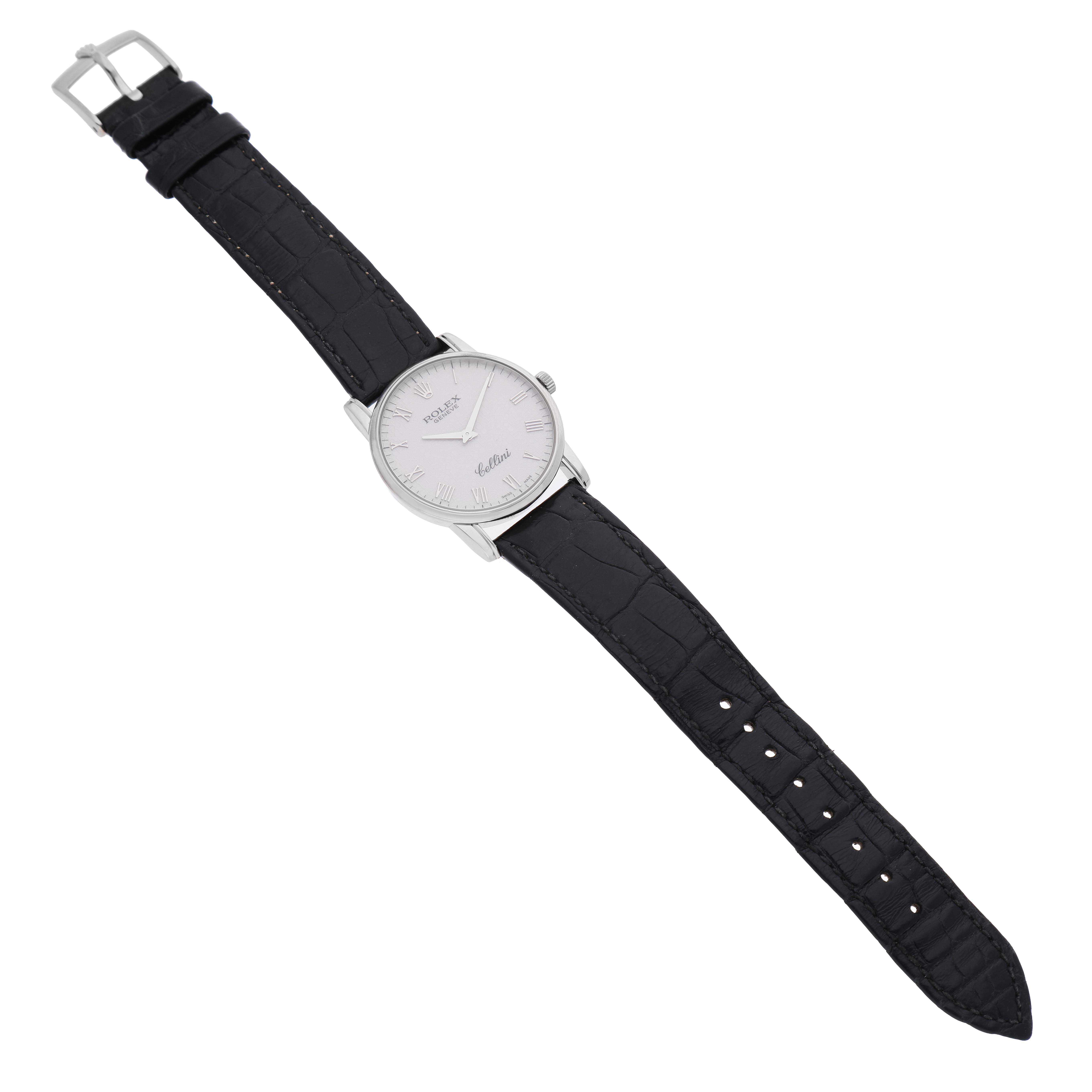 The Rolex Cellini 5116/9 Men's White Gold White Dial watch is shown from a top-down angle, displaying the face, strap, and buckle.