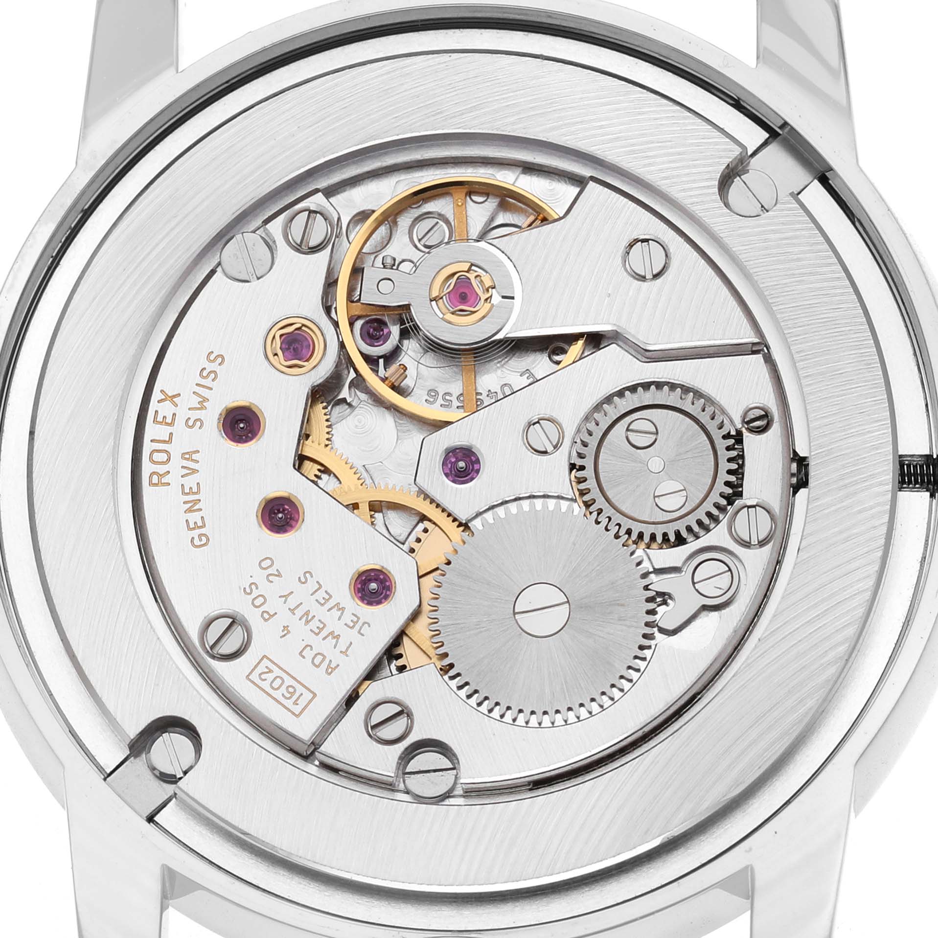 The image shows the movement and inner workings of a Rolex Cellini 5116/9 Men's White Gold White Dial watch from the back angle.