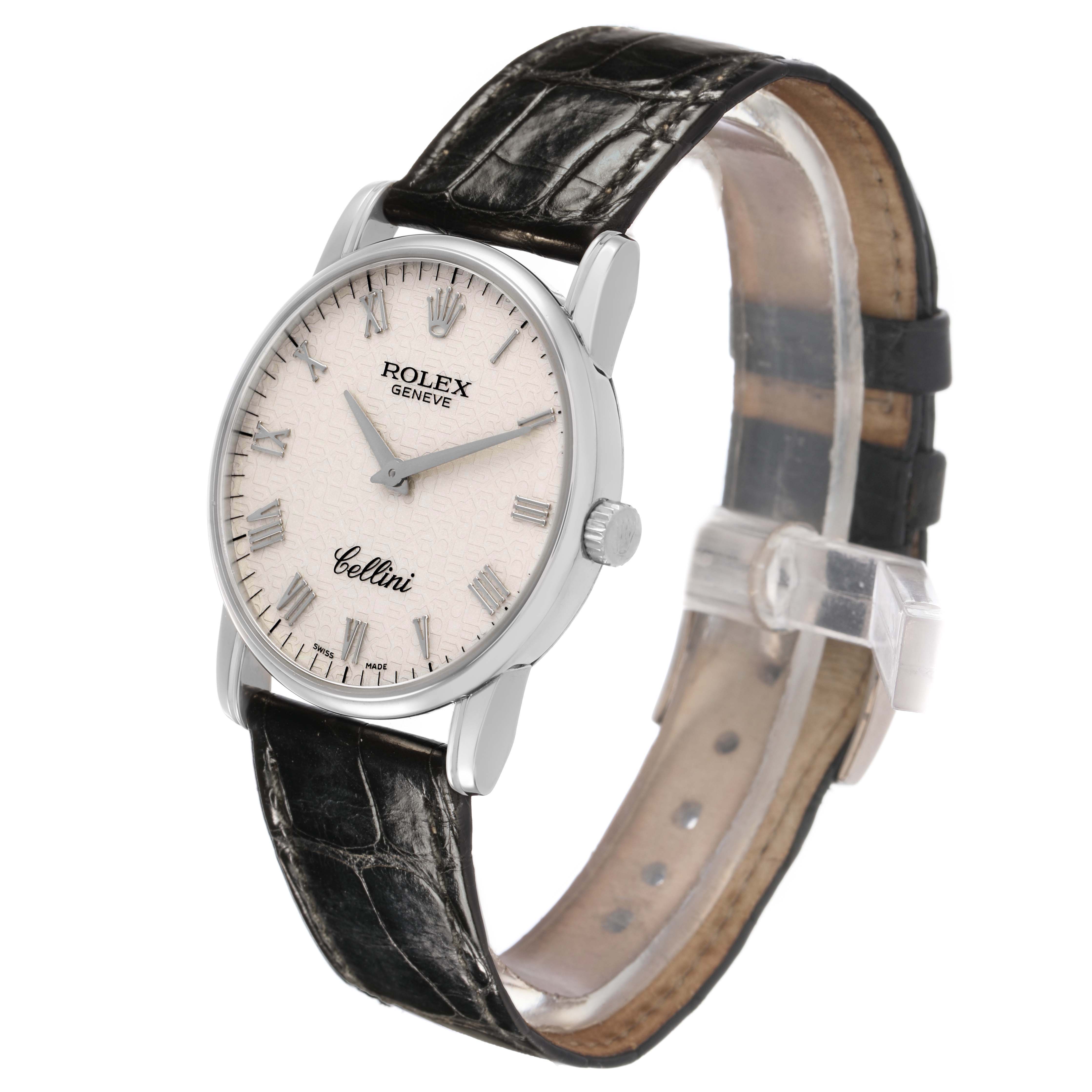 The Rolex Cellini 5116/9 Men's White Gold White Dial watch is shown from a three-quarter angle, displaying the face, case, crown, and leather strap.