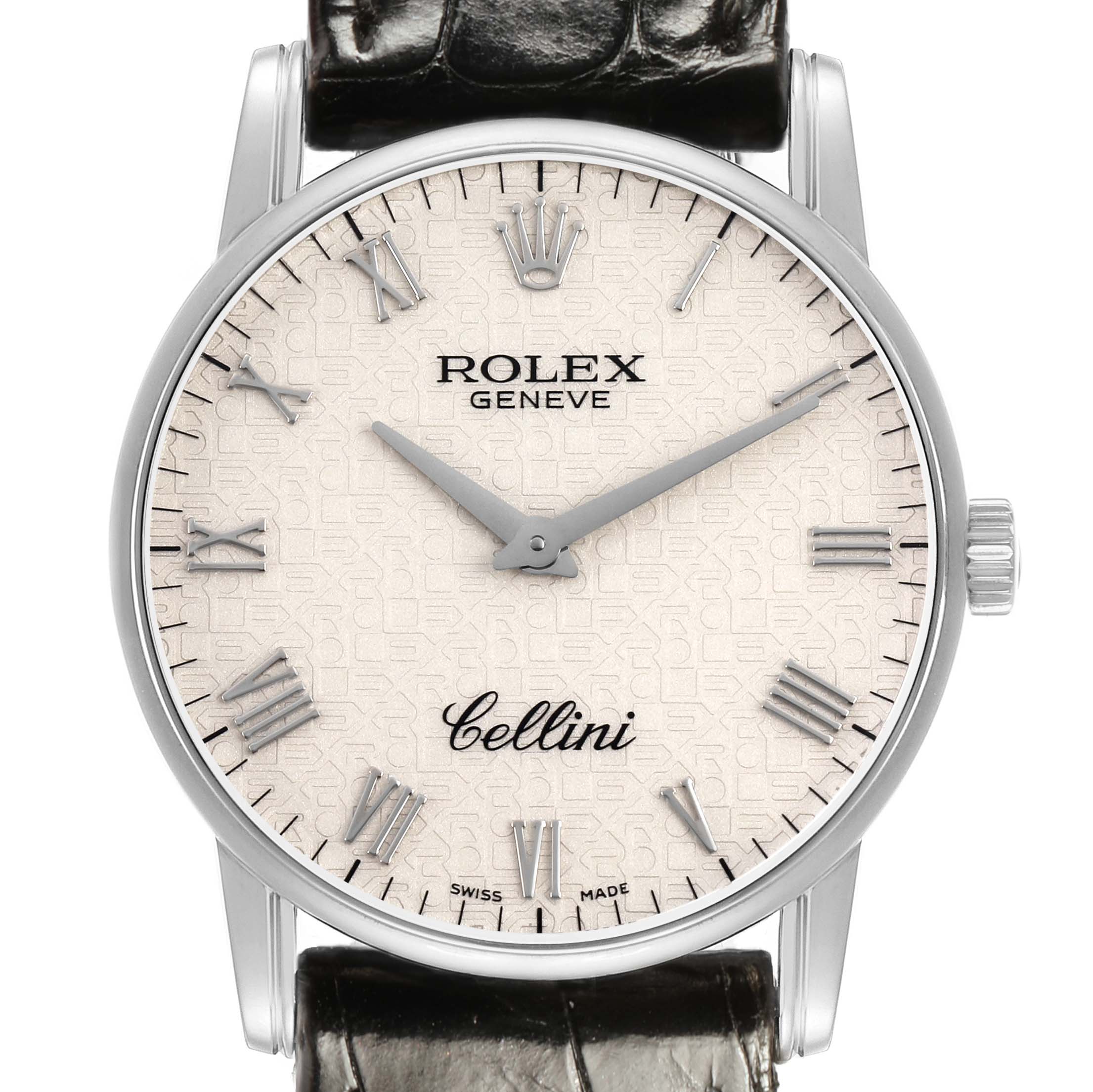 The Rolex Cellini 5116/9 Men's White Gold White Dial watch is shown from the front, highlighting the dial, hands, Roman numerals, and the crown visible on the side.