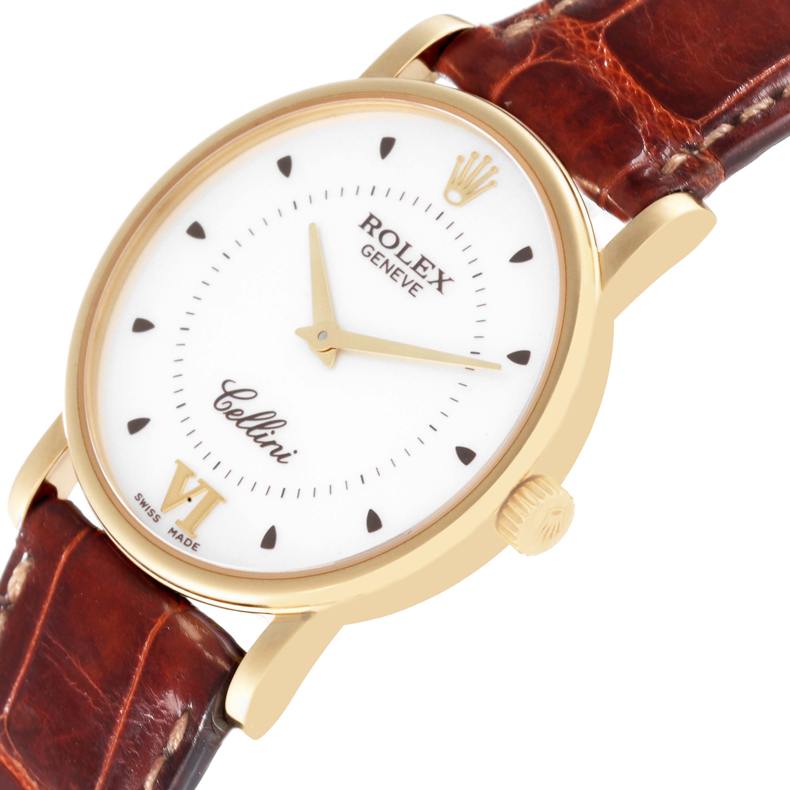The image shows a Rolex Cellini 5115 Men's Yellow Gold Silver Dial 5115 Men's Yellow Gold Silver Dial watch, captured from an angled top view, highlighting the white dial, gold bezel, and brown leather strap.