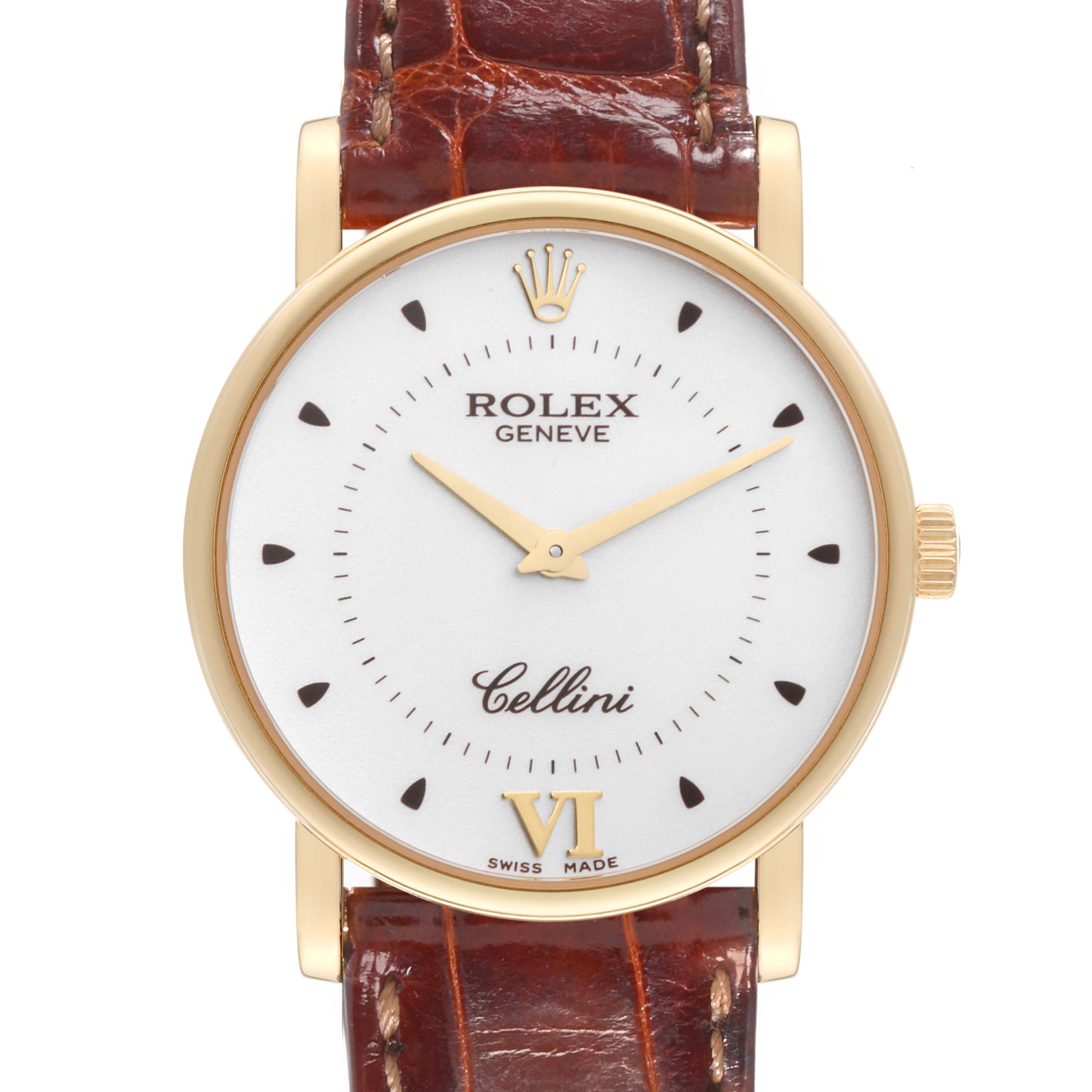 The image shows a frontal view of a Rolex Cellini 5115 Men's Yellow Gold Silver Dial 5115 Men's Yellow Gold Silver Dial watch, displaying the dial, hands, crown, and leather strap.